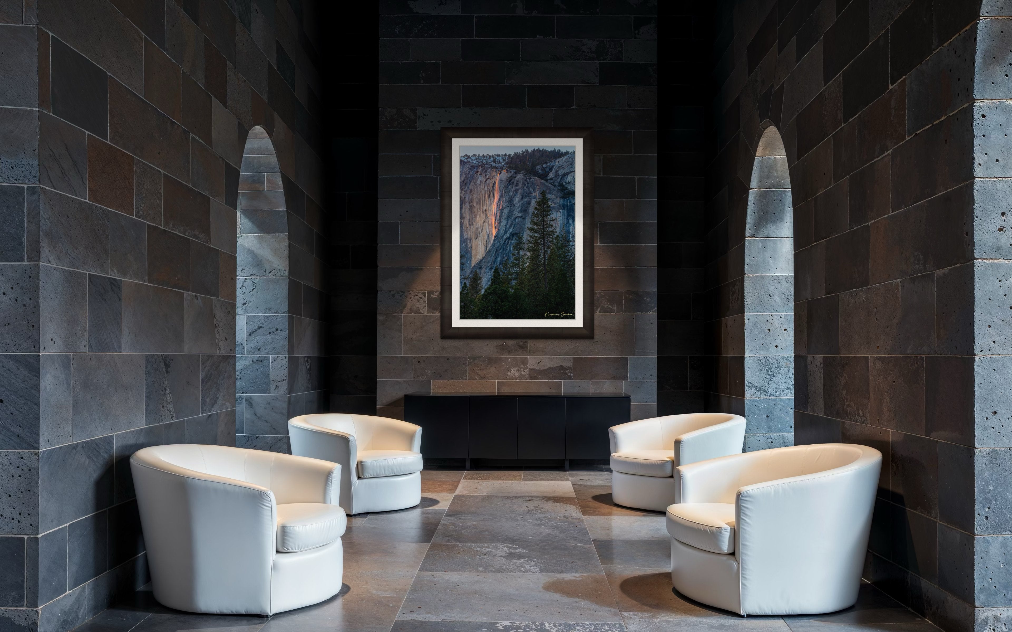 Firefall illuminated waterfall cascading on El Capitan monolith with foreground trees framing the scene during a cloudy sunset in Yosemite. #Finish_Roma Dark Ash Frame & Bright Liner
