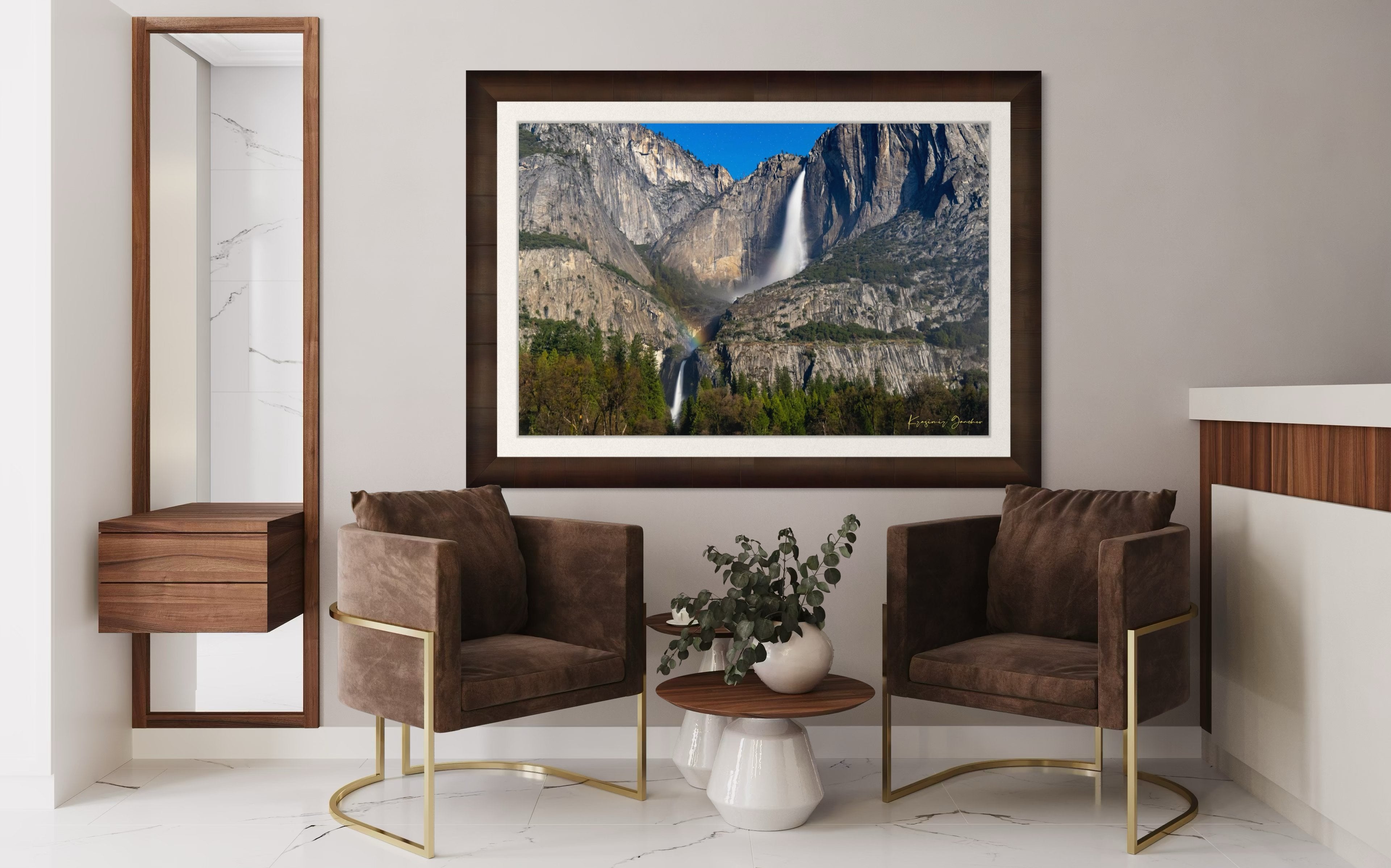 Yosemite Falls under starlight with a moonbow forming in mist created by cascading water against granite cliffs. #Finish_Roma Cigar Leaf Frame & Bright Liner