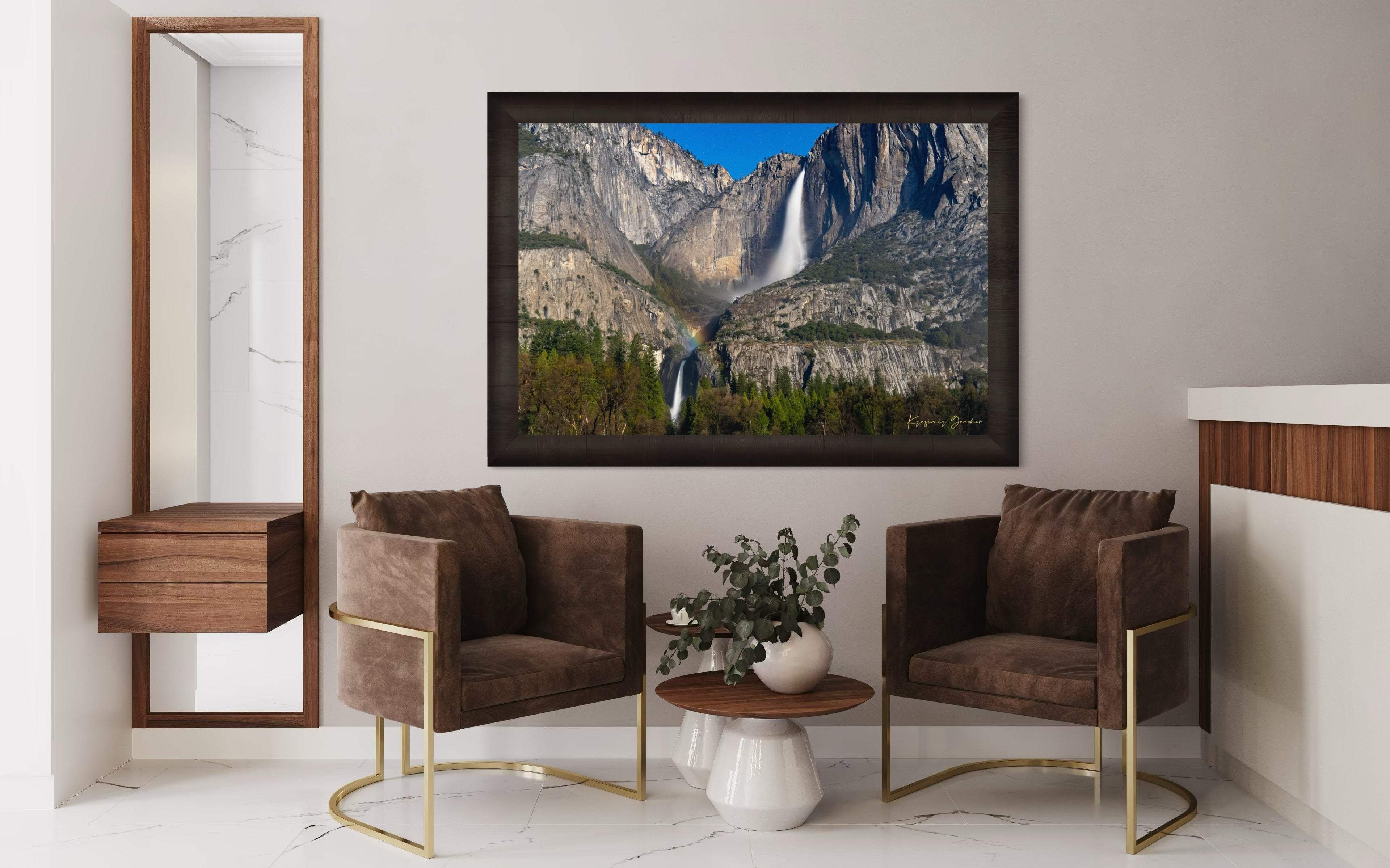 Yosemite Falls under starlight with a moonbow forming in mist created by cascading water against granite cliffs. #Finish_Roma Dark Ash Frame
