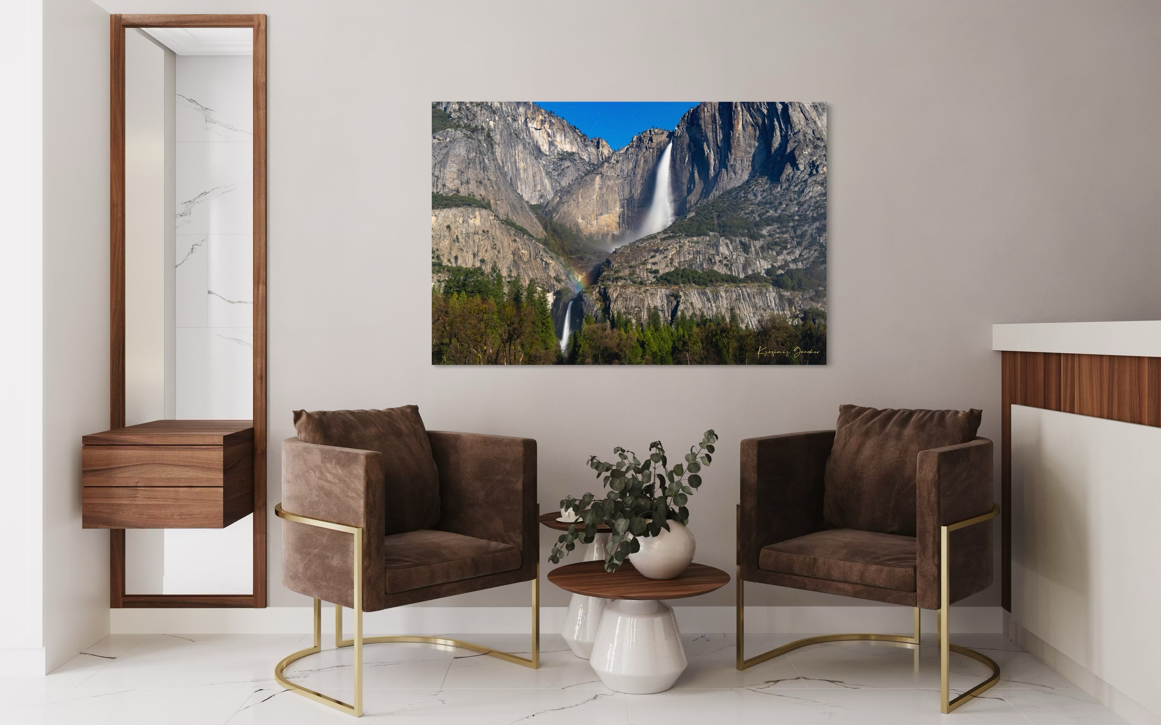 Yosemite Falls under starlight with a moonbow forming in mist created by cascading water against granite cliffs. #Finish_Acrylic Recess