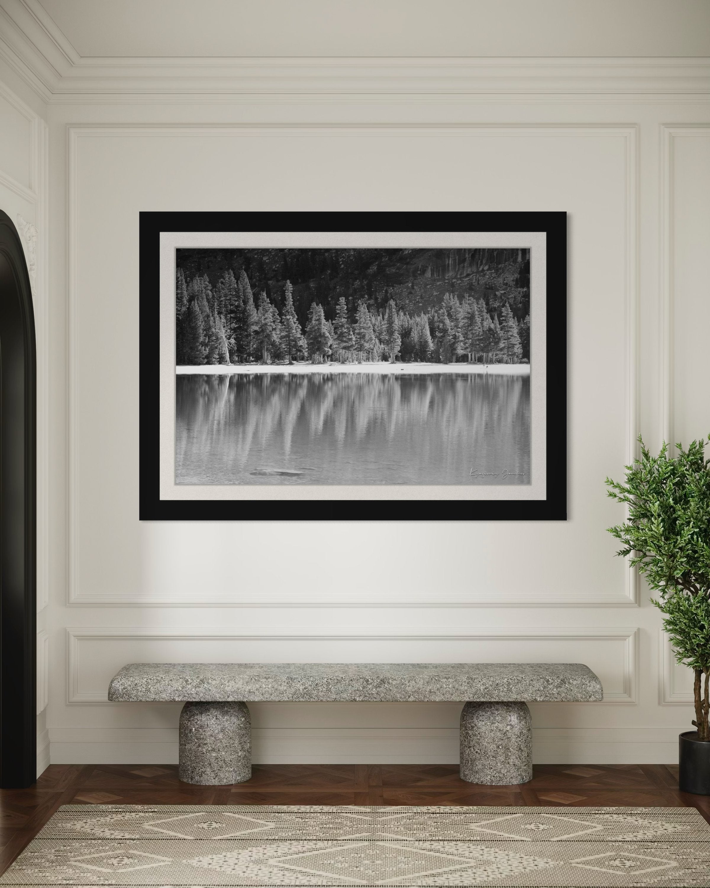 Still mirror-like lake surrounded by pines under clear daylight in Yosemite National Park, showing perfect symmetry. #Finish_Roma Satin Black Frame & Bright Liner