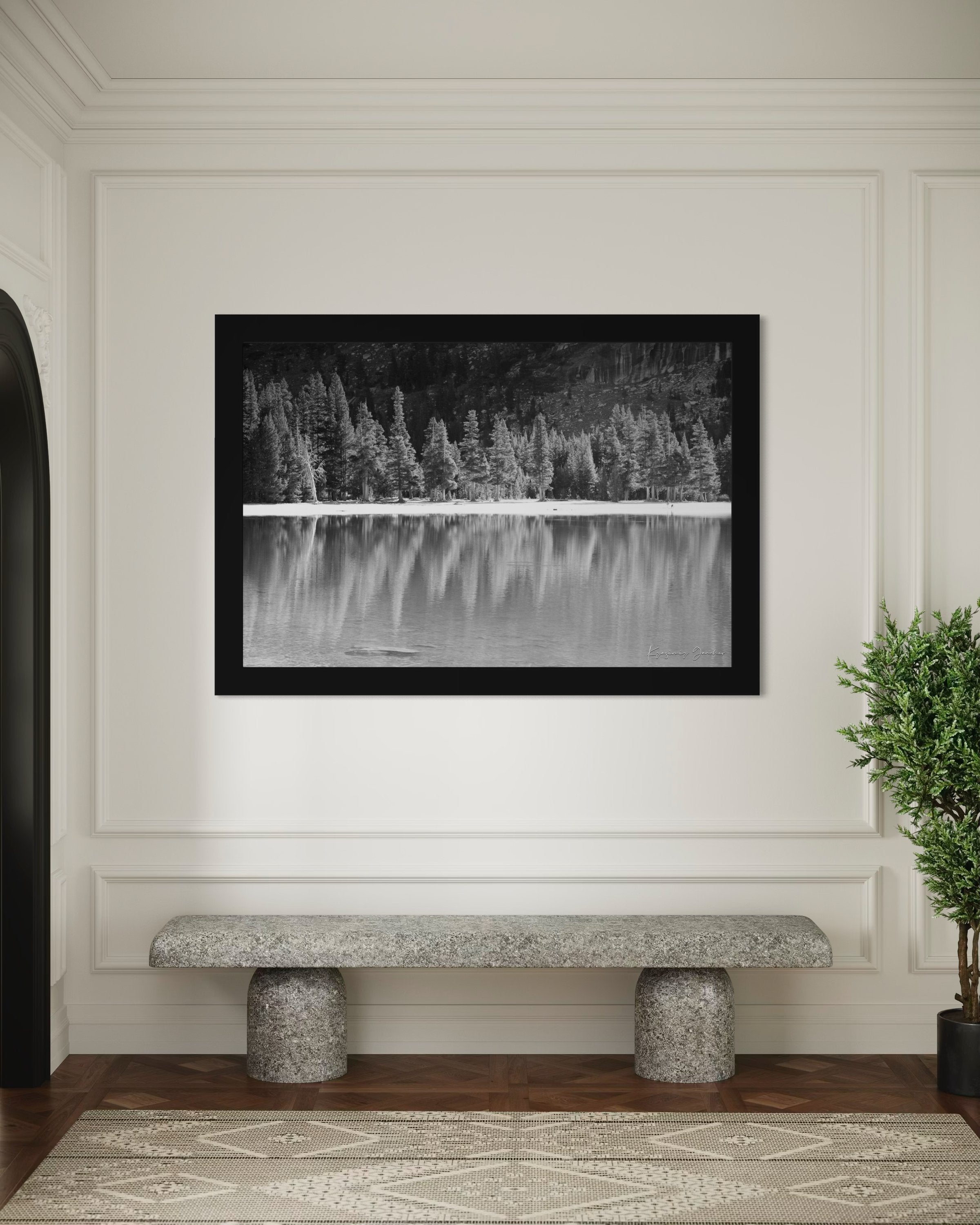 Still mirror-like lake surrounded by pines under clear daylight in Yosemite National Park, showing perfect symmetry. #Finish_Roma Satin Black Frame
