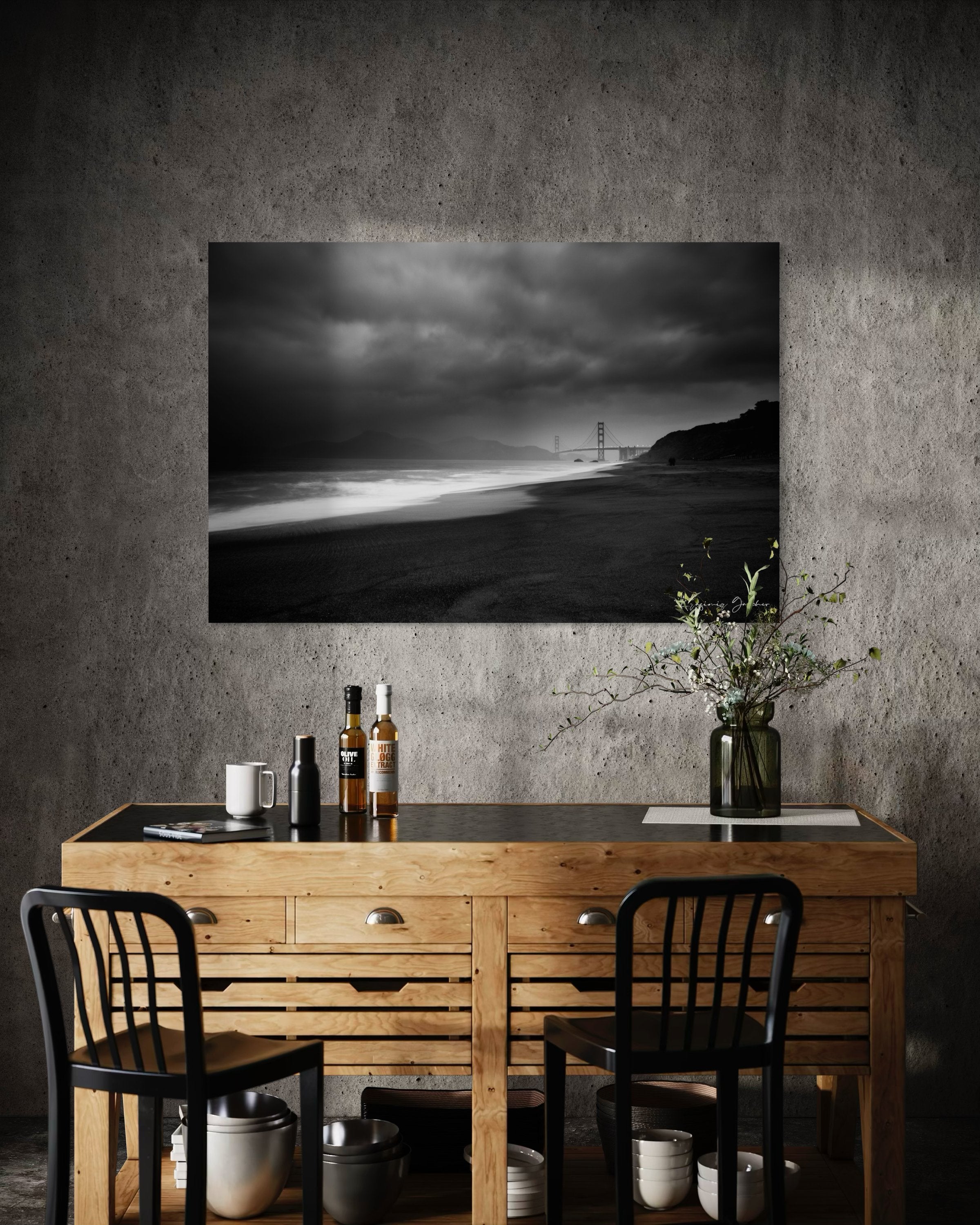 Golden Gate Bridge silhouette visible through thick clouds and fog over ocean near Baker Beach. #Finish_Acrylic Recess