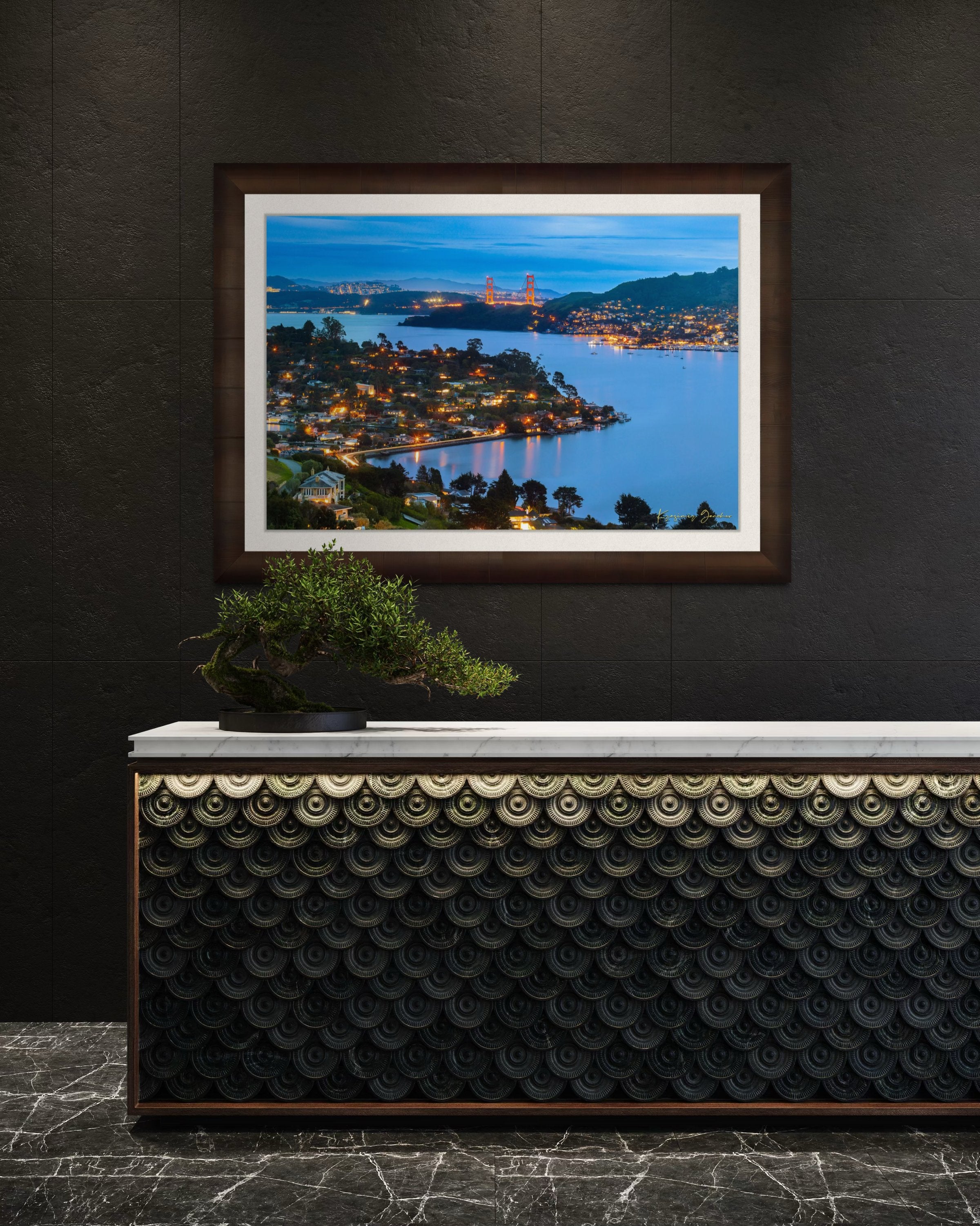 Long exposure of Golden Gate Bridge reflecting light across San Francisco Bay at dusk and night with cloud cover. #Finish_Roma Cigar Leaf Frame & Bright Liner