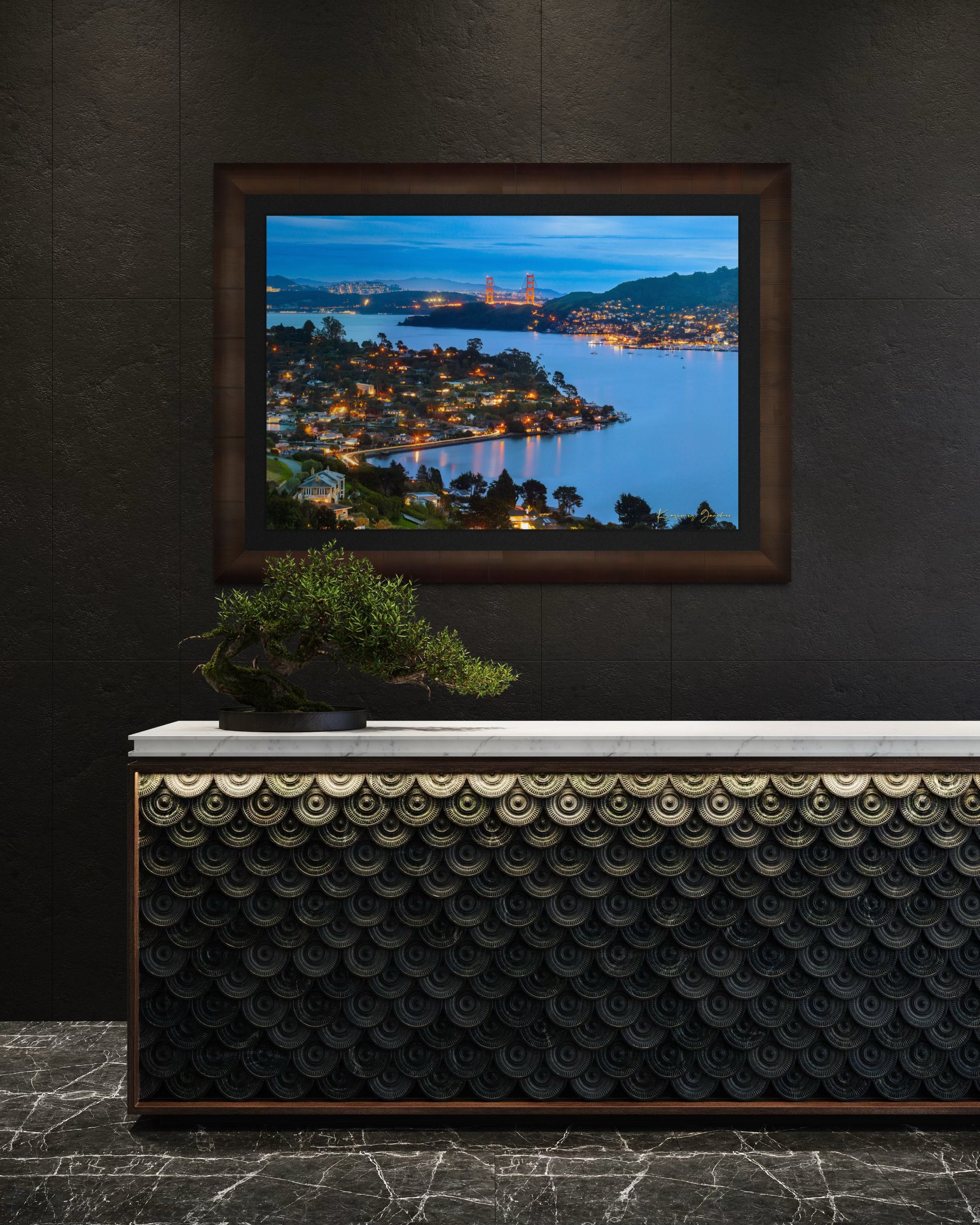 Long exposure of Golden Gate Bridge reflecting light across San Francisco Bay at dusk and night with cloud cover. #Finish_Roma Cigar Leaf Frame & Dark Liner