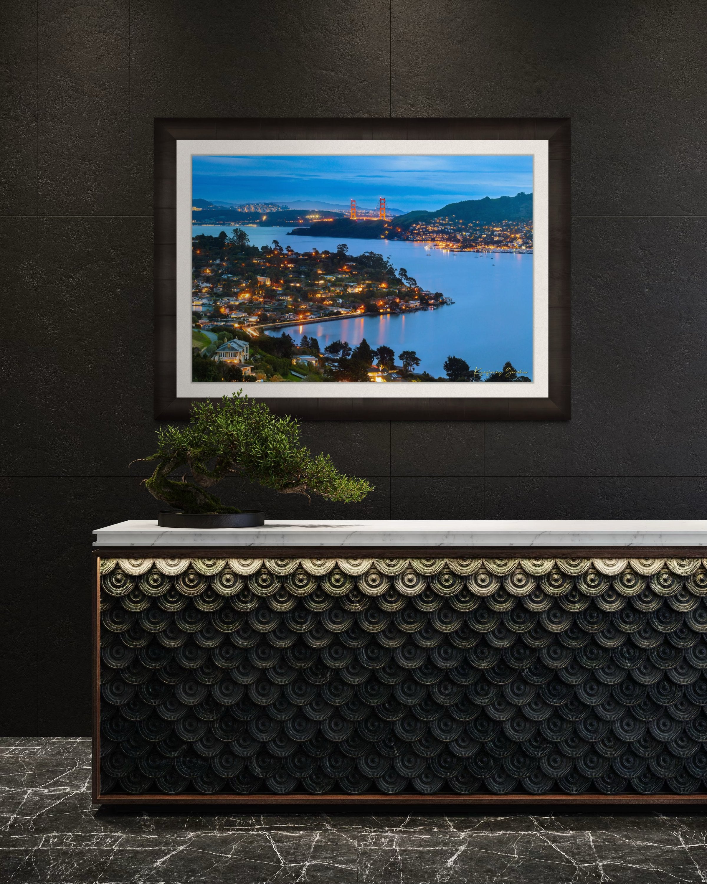 Long exposure of Golden Gate Bridge reflecting light across San Francisco Bay at dusk and night with cloud cover. #Finish_Roma Dark Ash Frame & Bright Liner