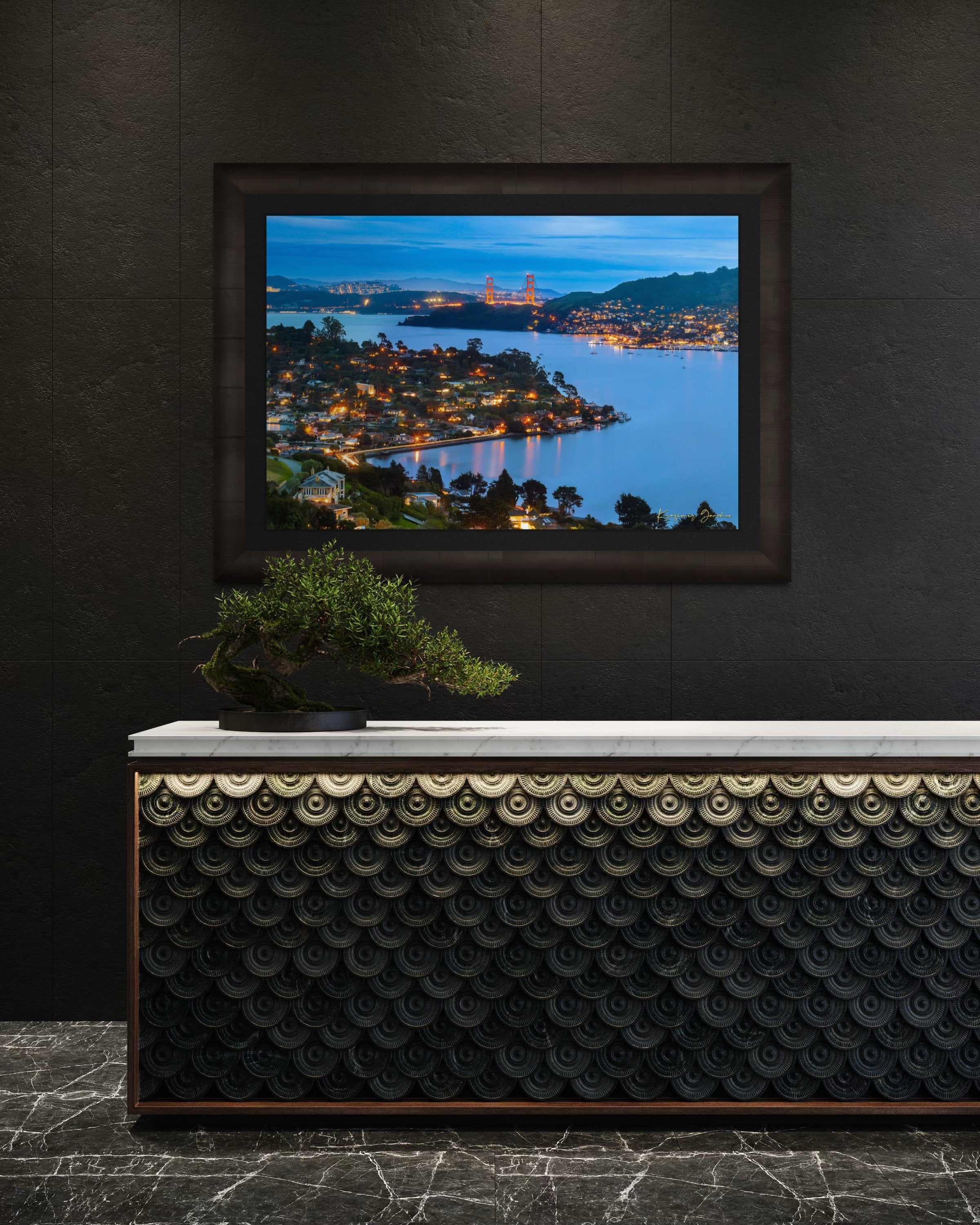 Long exposure of Golden Gate Bridge reflecting light across San Francisco Bay at dusk and night with cloud cover. #Finish_Roma Dark Ash Frame & Dark Liner