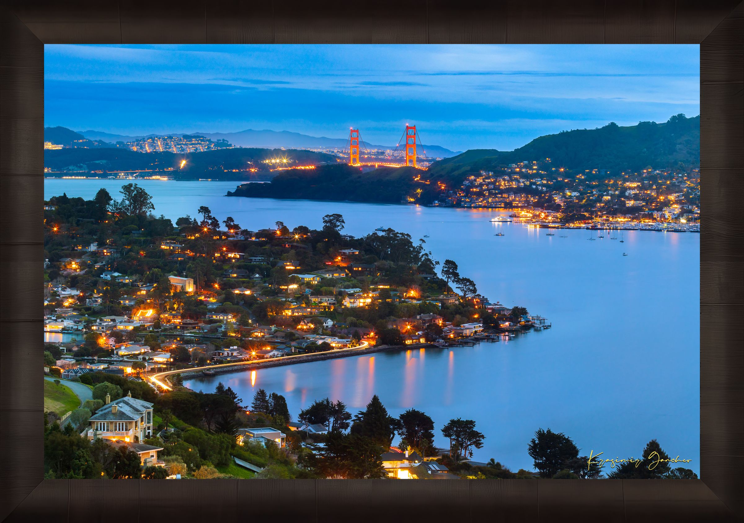Long exposure of Golden Gate Bridge reflecting light across San Francisco Bay at dusk and night with cloud cover. #Finish_Roma Dark Ash Frame