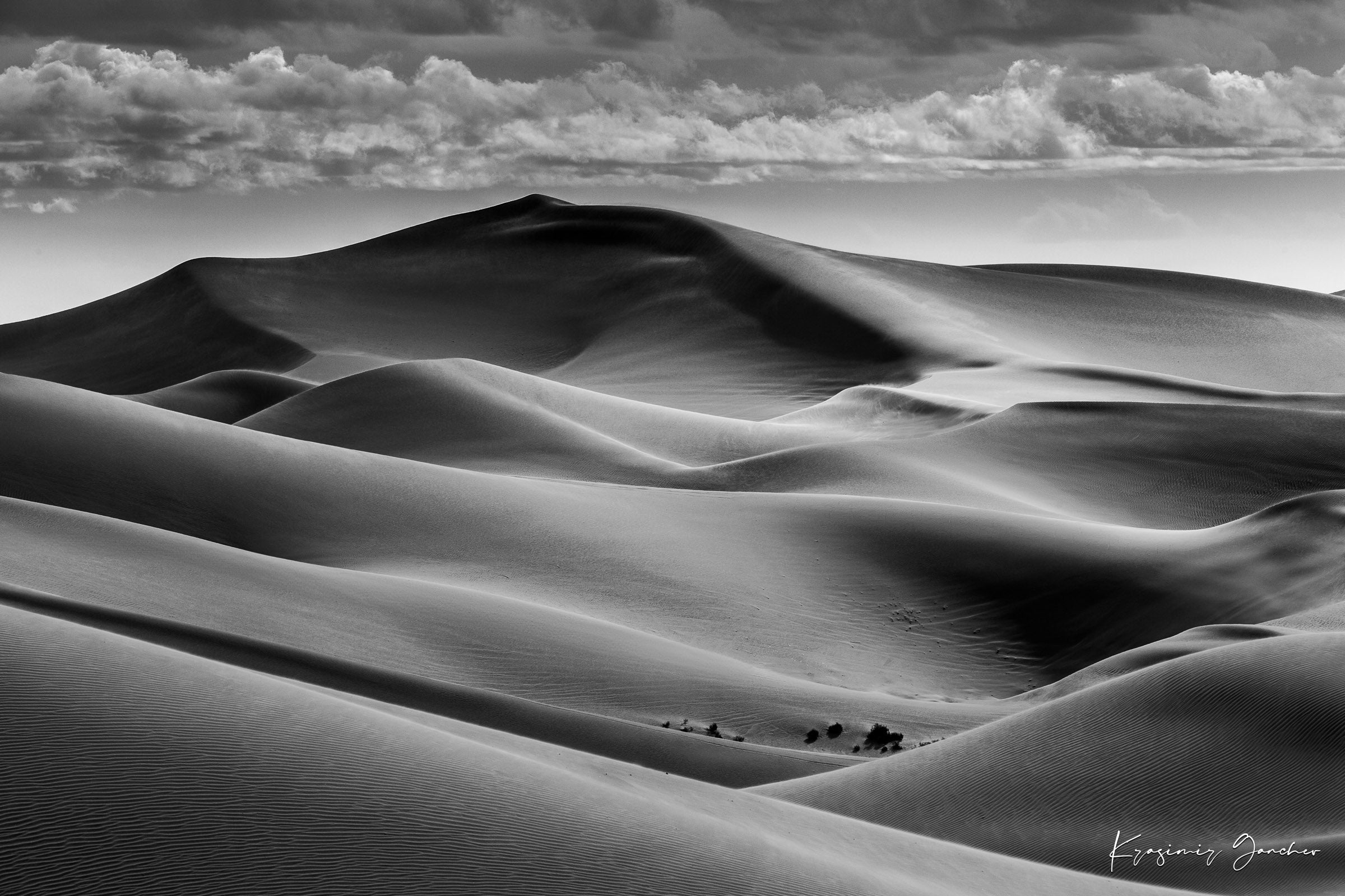 Black-and-white composition capturing the undulating dune patterns at Brawley, California with strong light and shadow contrast. #Finish_Acrylic Recess