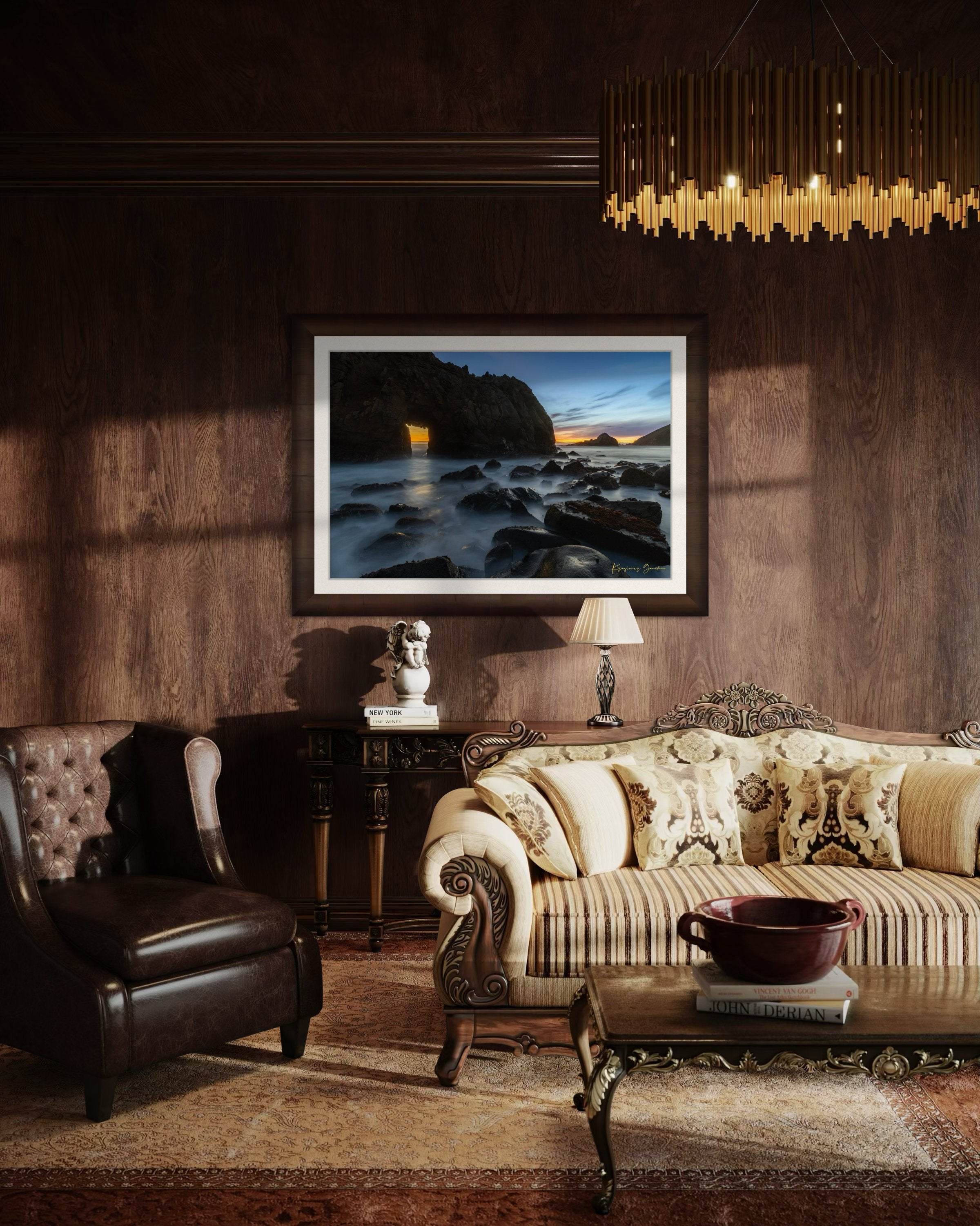 Natural arch structure with boulders and sea stack near Big Sur, California, lit by intense sunset rays through a stone opening. #Finish_Roma Cigar Leaf Frame & Bright Liner