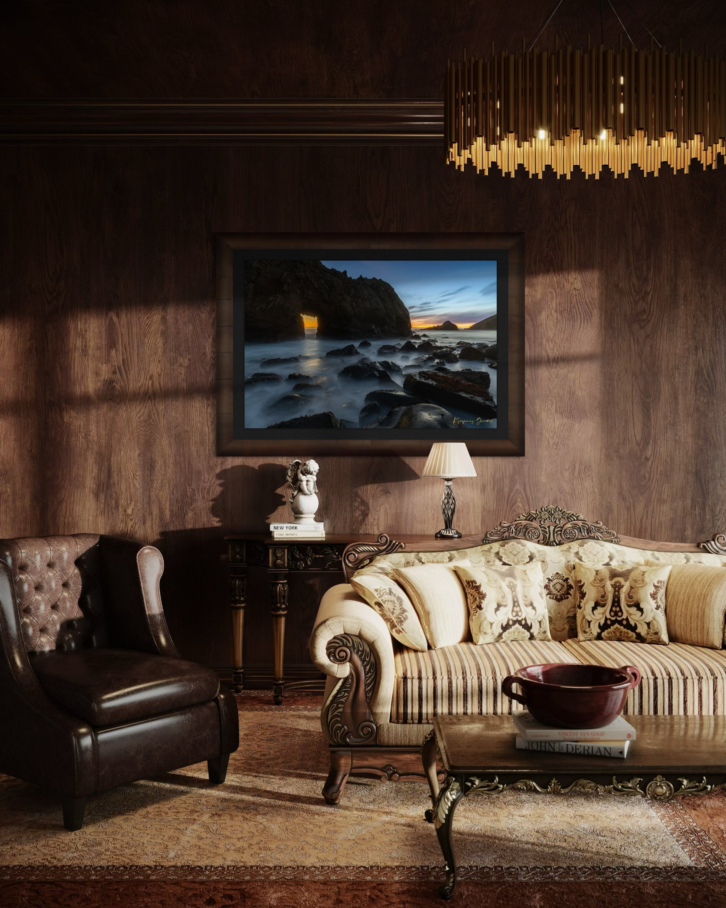 Natural arch structure with boulders and sea stack near Big Sur, California, lit by intense sunset rays through a stone opening. #Finish_Roma Cigar Leaf Frame & Dark Liner