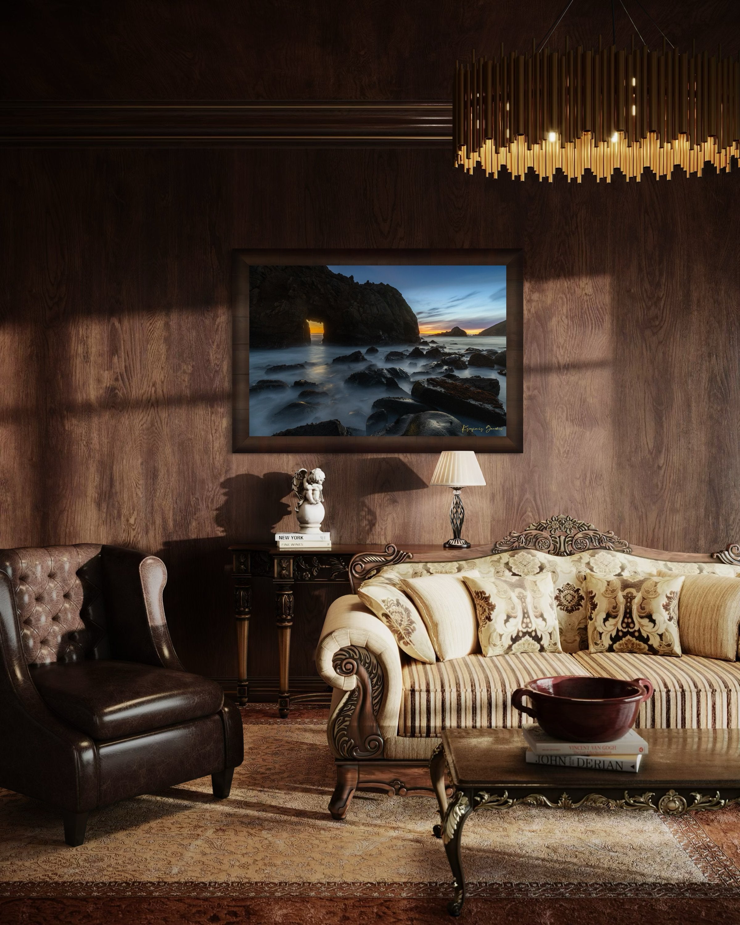 Natural arch structure with boulders and sea stack near Big Sur, California, lit by intense sunset rays through a stone opening. #Finish_Roma Cigar Leaf Frame