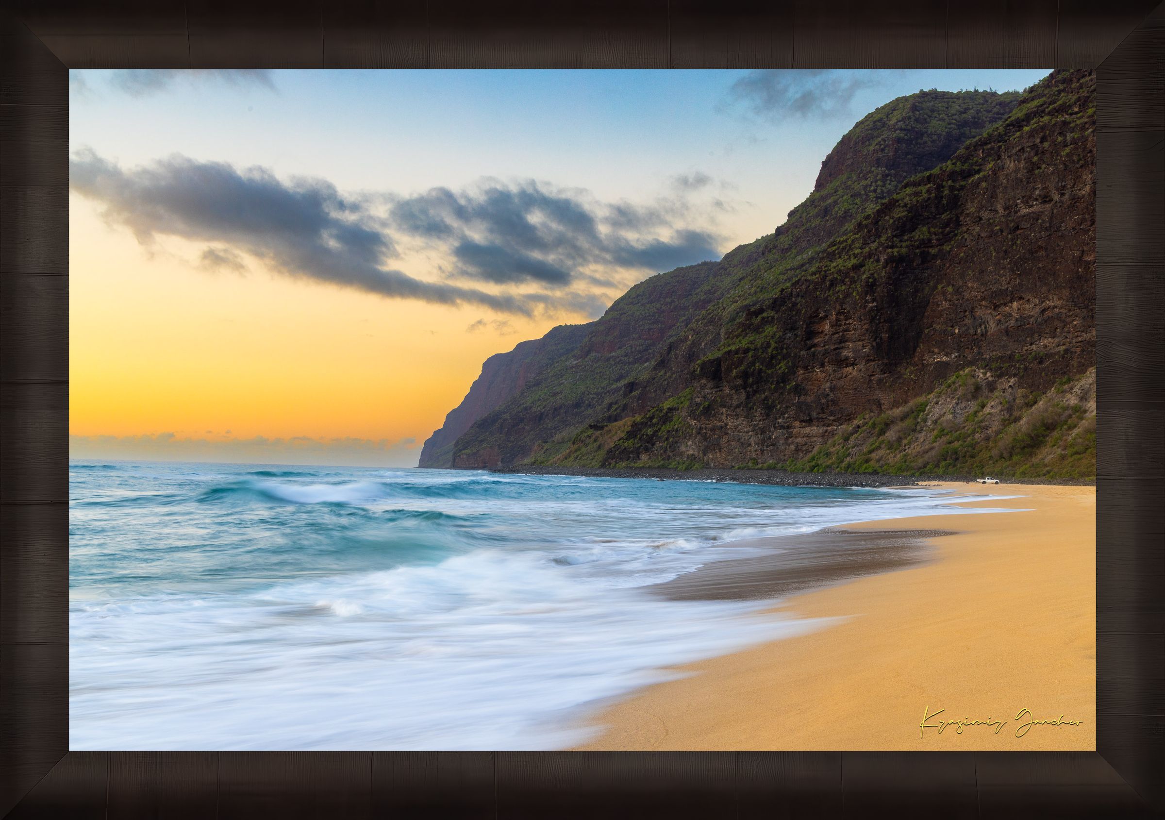Beach and coastal terrain of Barking Sands on Kauai under dusky sky with cloud cover and vibrant colors. #Finish_Roma Dark Ash Frame