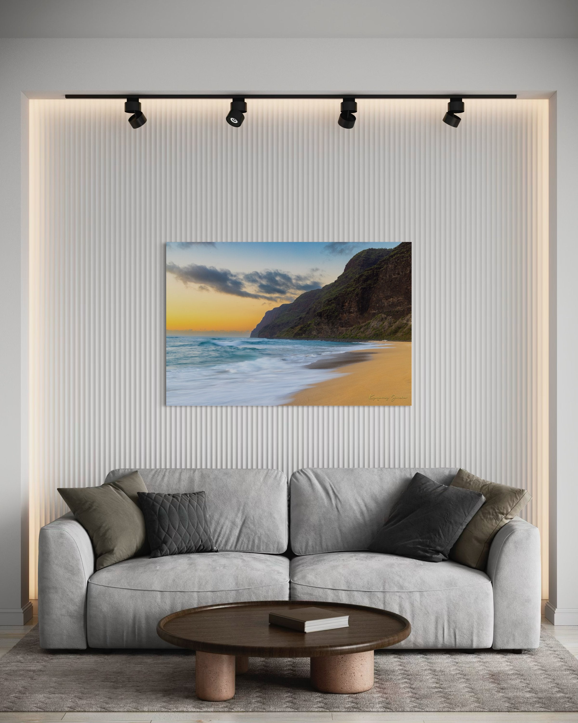 Beach and coastal terrain of Barking Sands on Kauai under dusky sky with cloud cover and vibrant colors. #Finish_Acrylic Recess