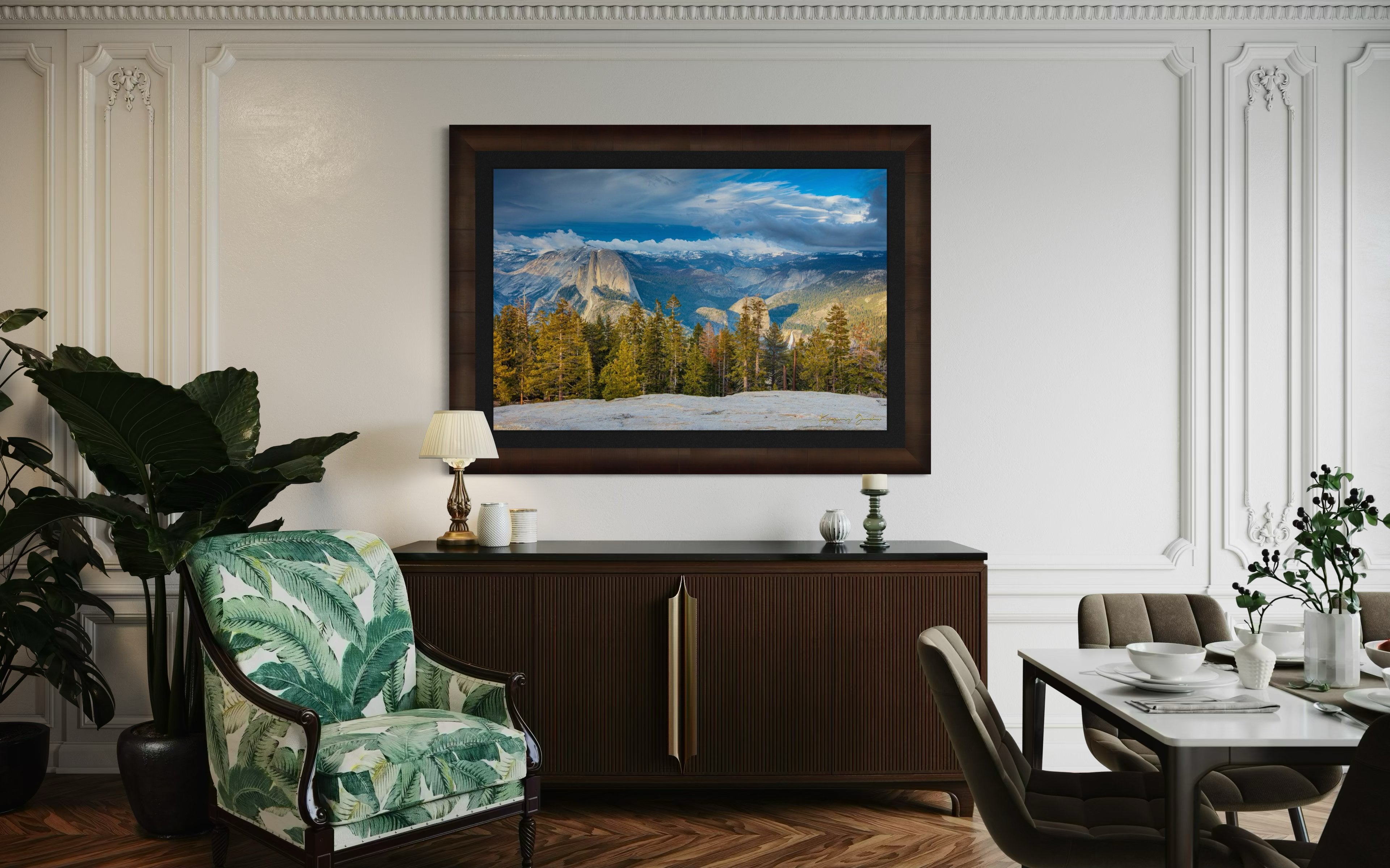 Yosemite Valley panorama beneath moving clouds, featuring monoliths and pine forests in the distance. #Finish_Roma Cigar Leaf Frame & Dark Liner