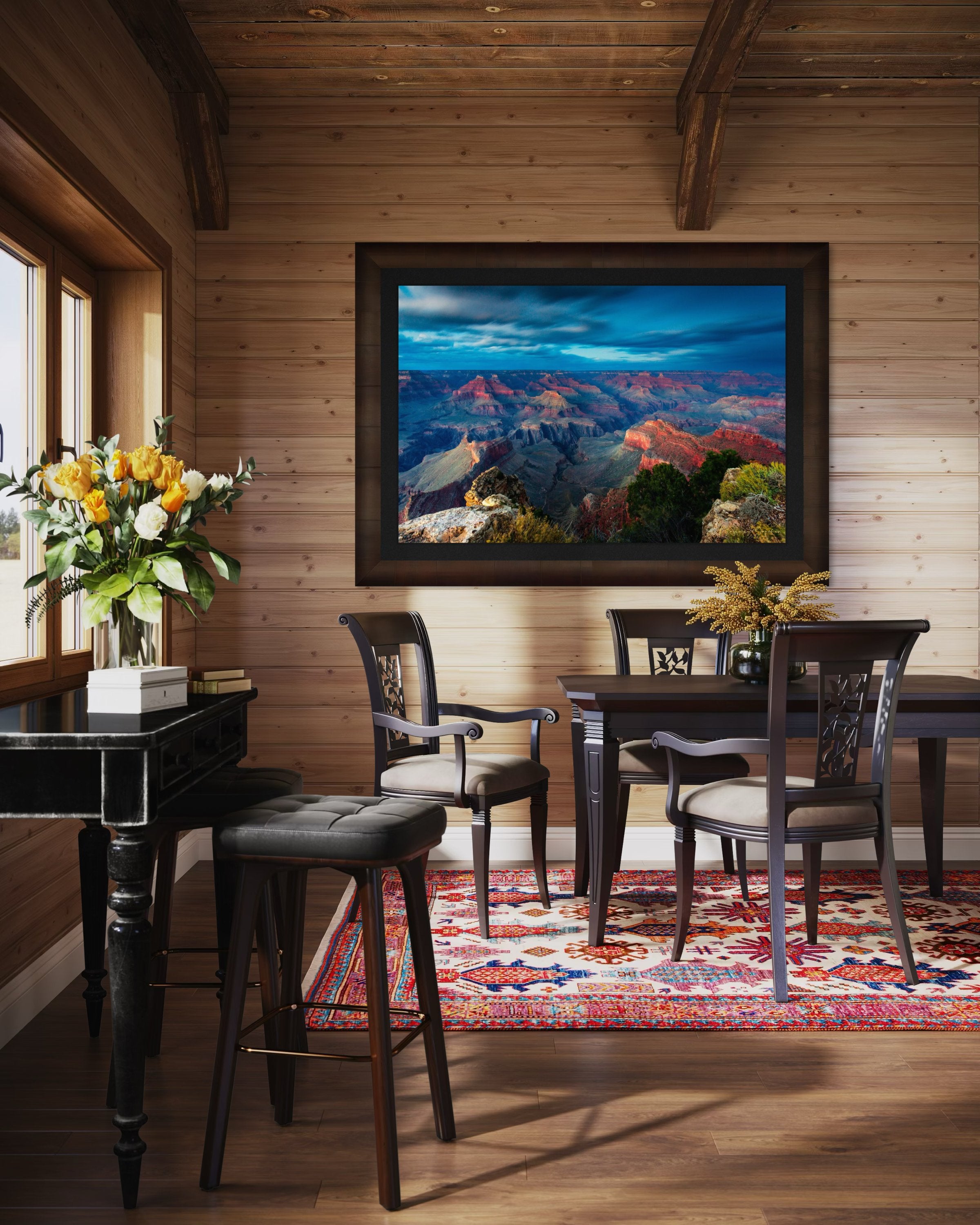 Grand Canyon under a dramatic sky at sunset, storm clouds gathering over the canyon rim during hazy weather. #Finish_Roma Cigar Leaf Frame & Dark Liner