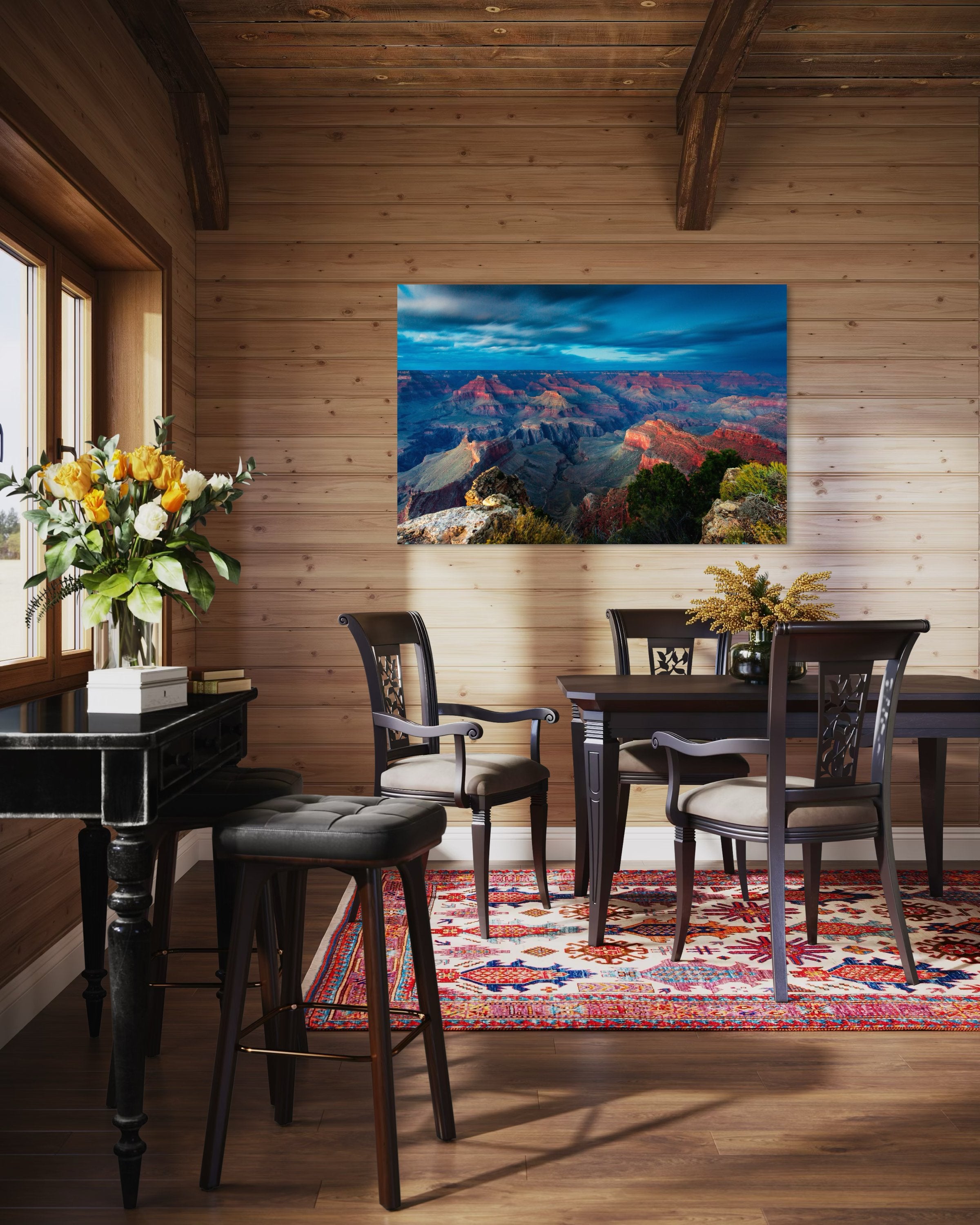 Grand Canyon under a dramatic sky at sunset, storm clouds gathering over the canyon rim during hazy weather. #Finish_Acrylic Recess