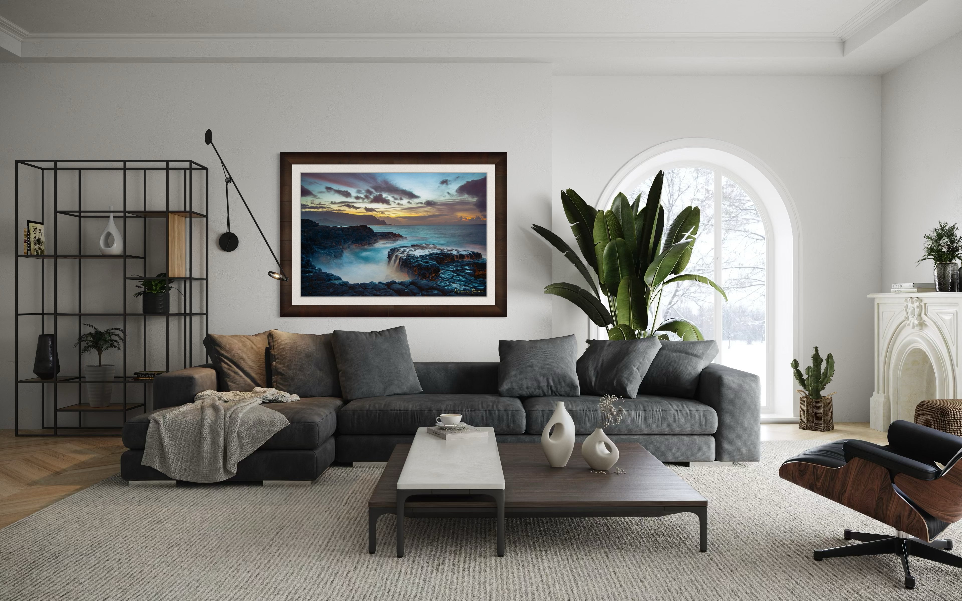 Tide pool along the coastal cliffs of Queen’s Bath, Kauai, illuminated by a glowing sunset. #Finish_Roma Cigar Leaf Frame & Bright Liner