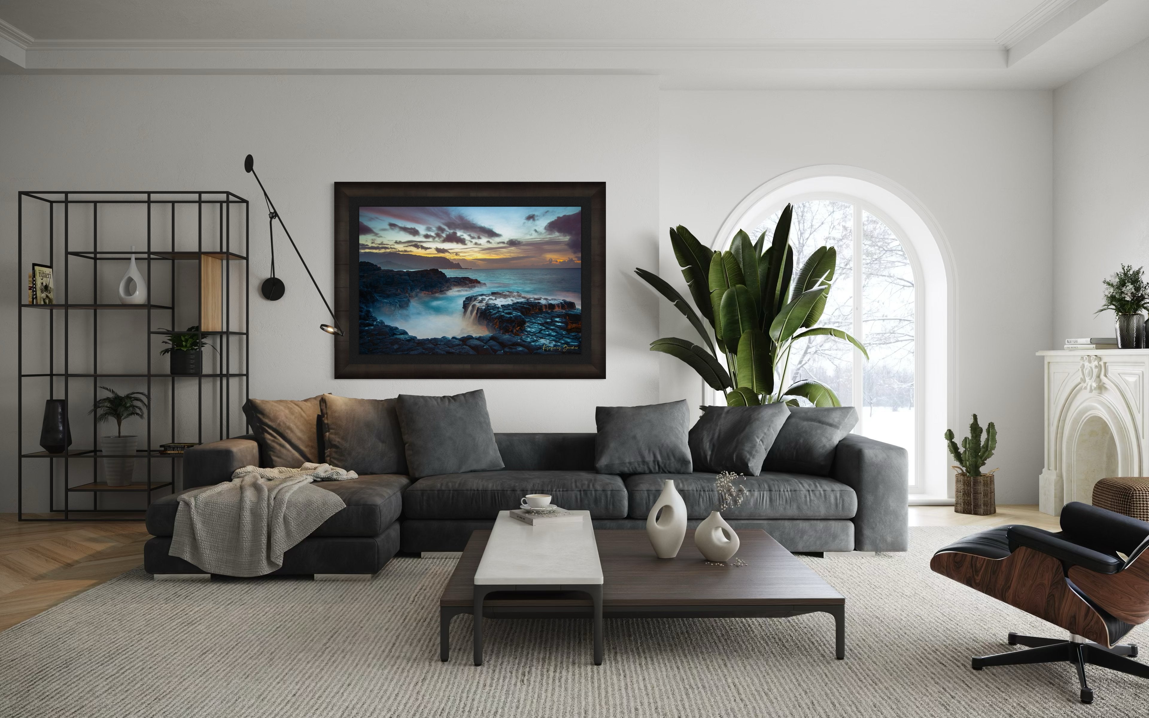 Tide pool along the coastal cliffs of Queen’s Bath, Kauai, illuminated by a glowing sunset. #Finish_Roma Dark Ash Frame & Dark Liner