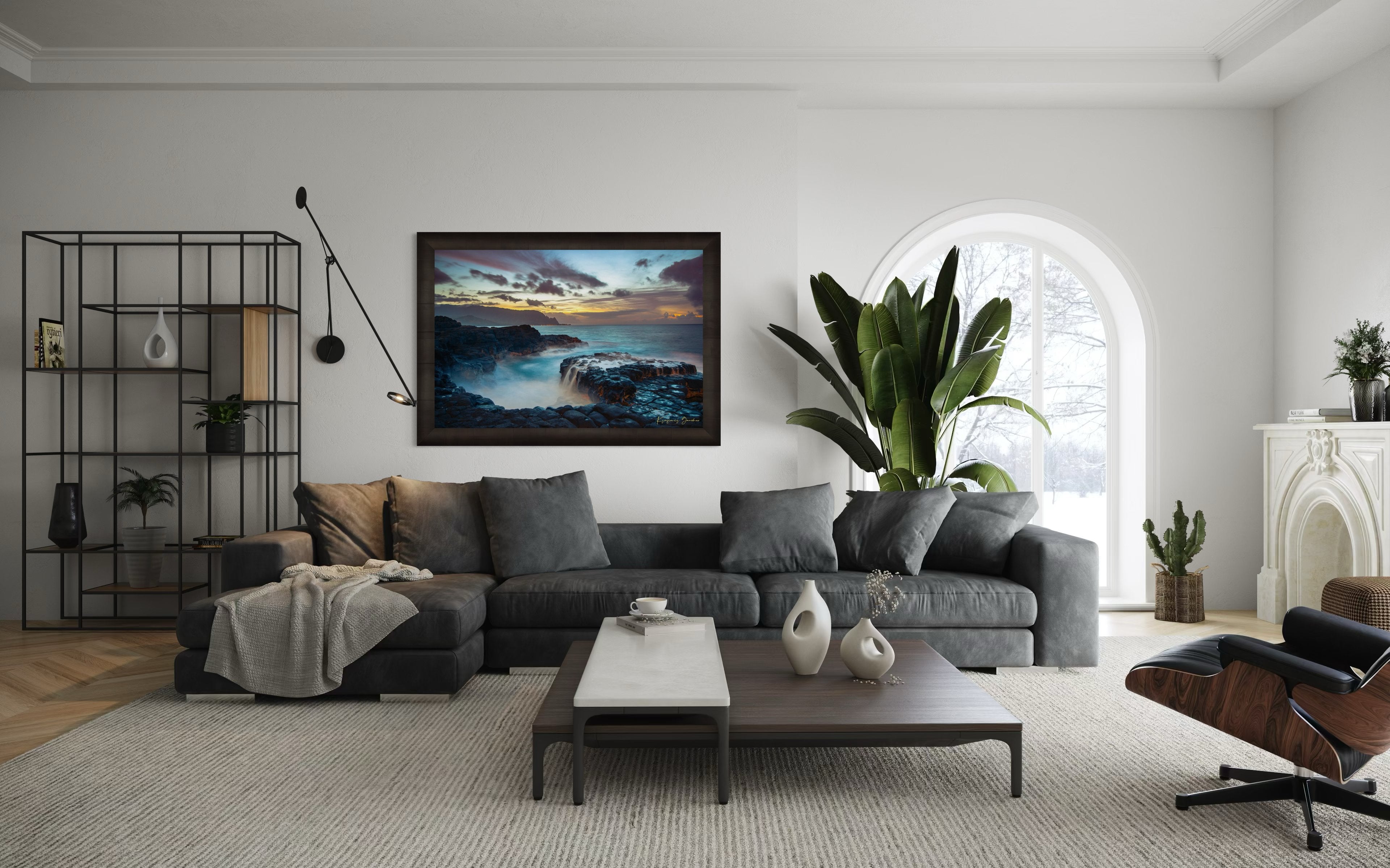 Tide pool along the coastal cliffs of Queen’s Bath, Kauai, illuminated by a glowing sunset. #Finish_Roma Dark Ash Frame