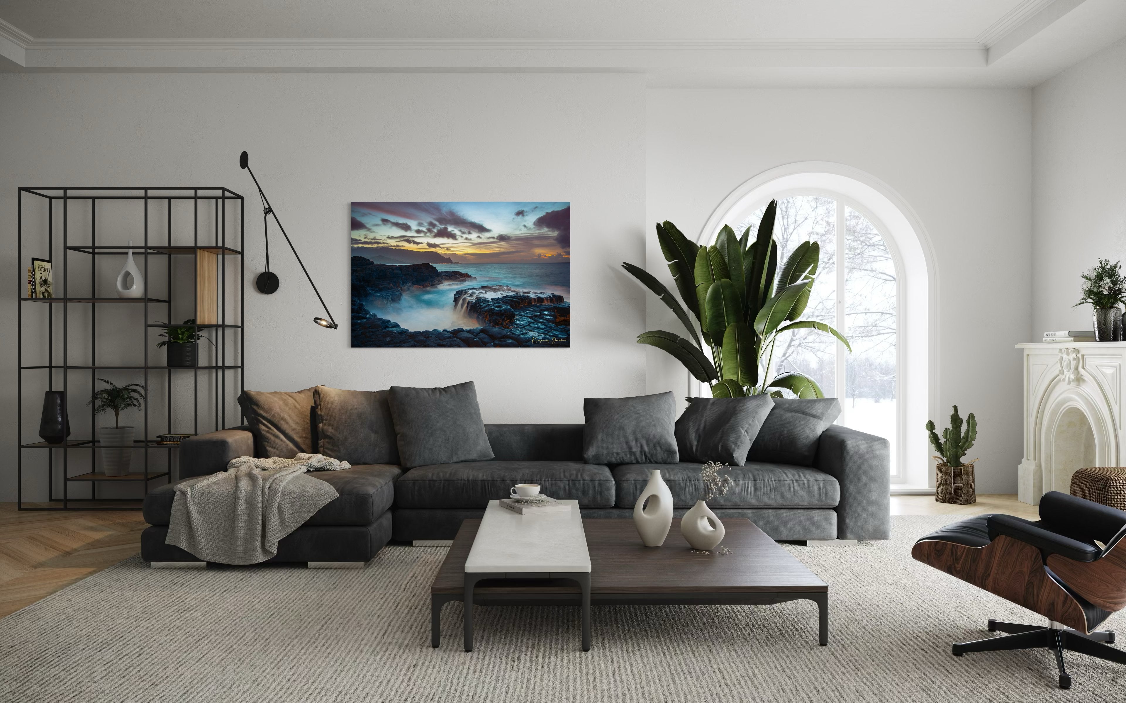 Tide pool along the coastal cliffs of Queen’s Bath, Kauai, illuminated by a glowing sunset. #Finish_Acrylic Recess