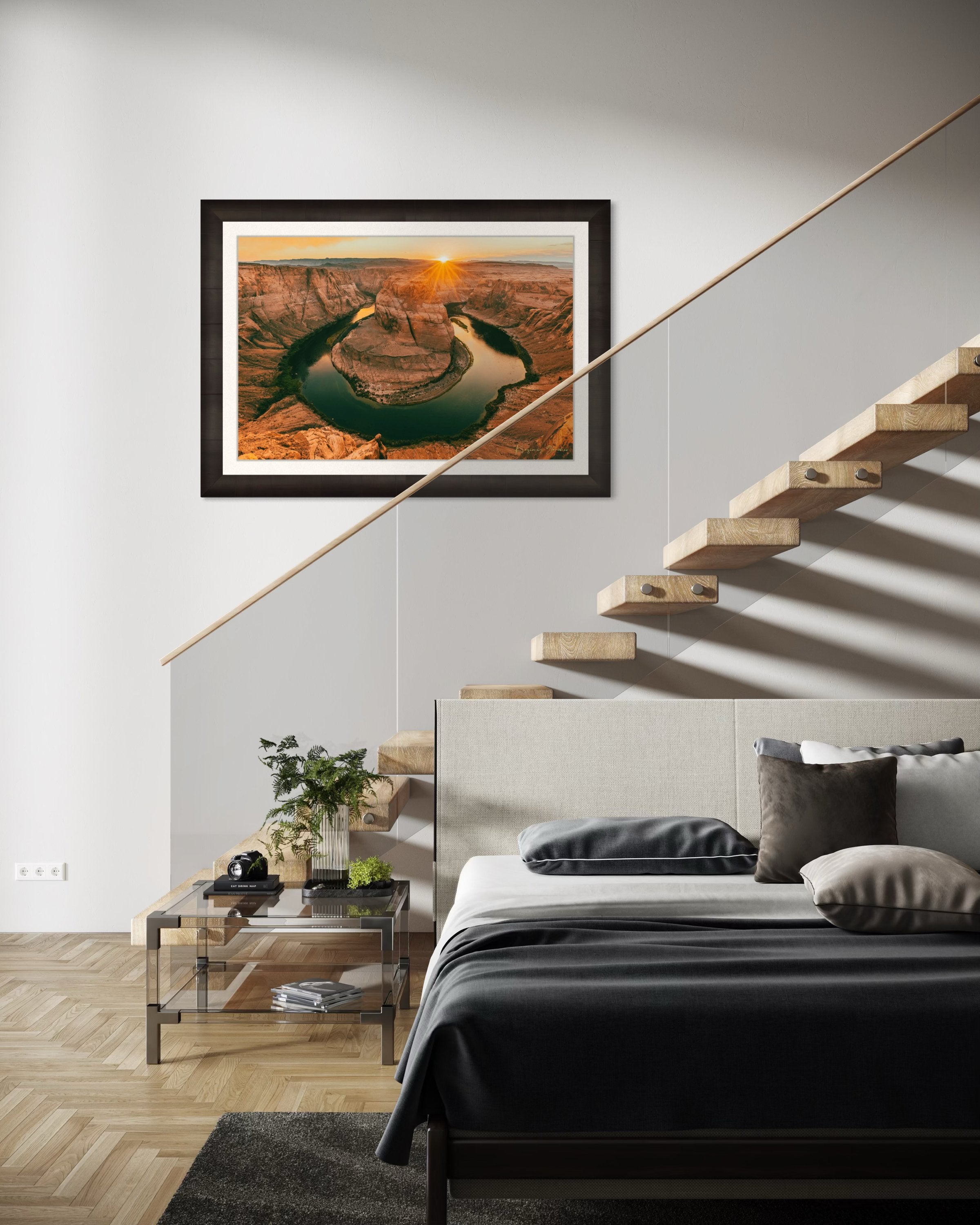 Colorado River forming Horseshoe Bend within a desert canyon in Page during sunset, cloudy sky. #Finish_Roma Dark Ash Frame & Bright Liner