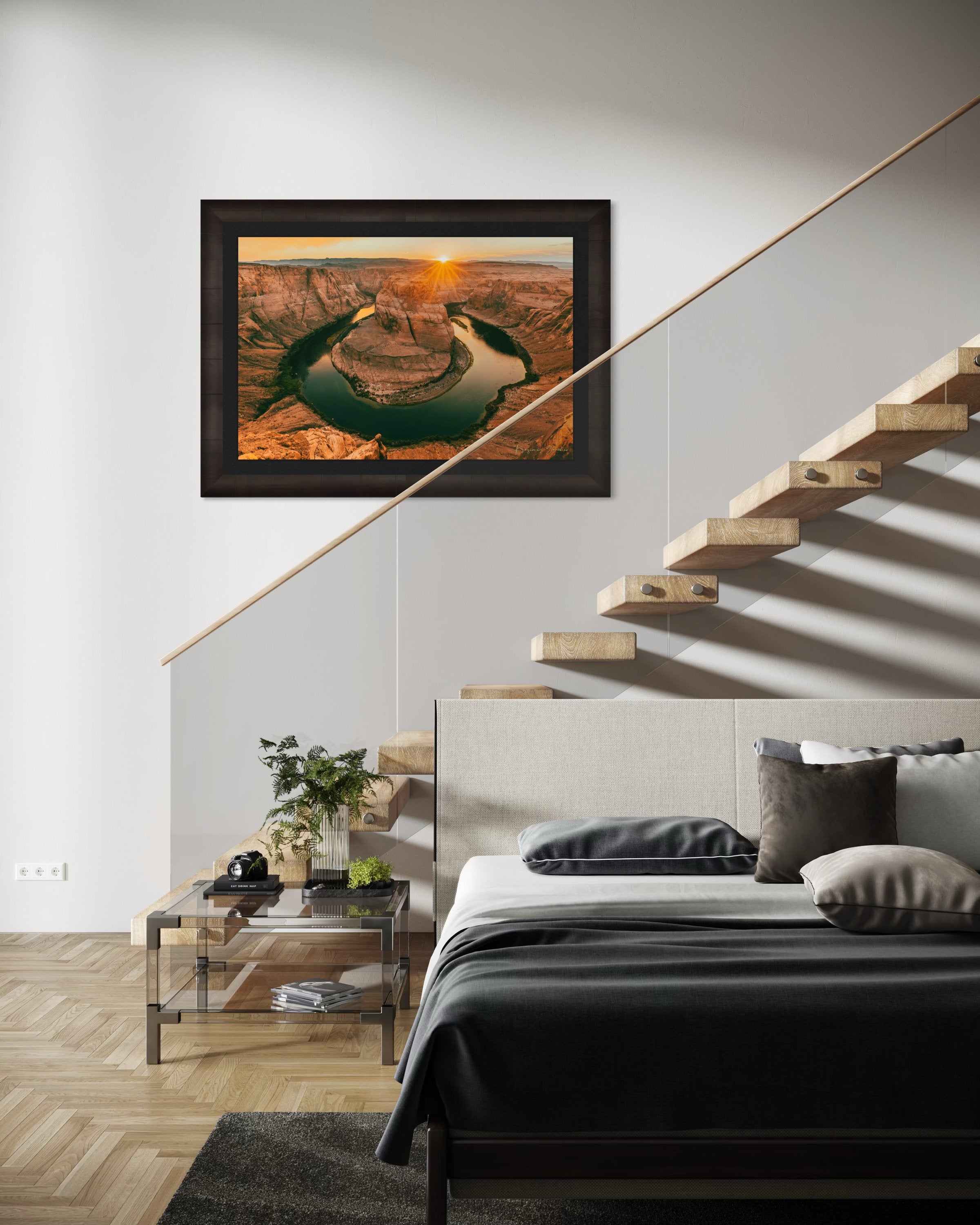 Colorado River forming Horseshoe Bend within a desert canyon in Page during sunset, cloudy sky. #Finish_Roma Dark Ash Frame & Dark Liner