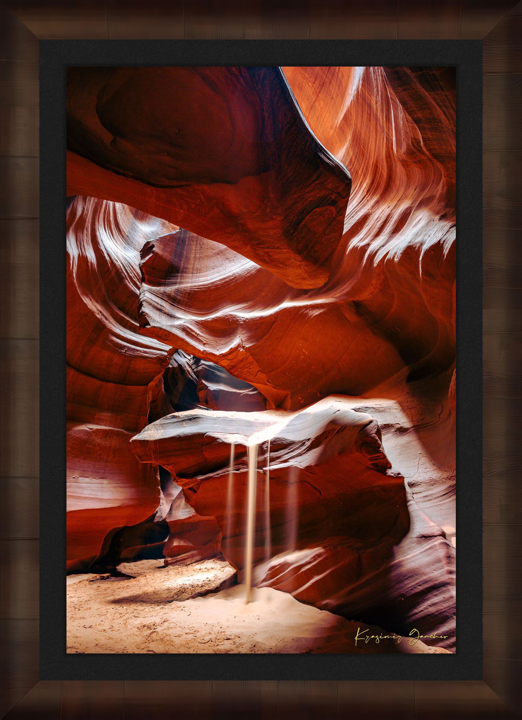 Sunlight streams through cracks above Antelope Canyon. Shafts illuminate the sandstone walls with dynamic patterns and shadows. #Finish_Roma Cigar Leaf Frame & Dark Liner