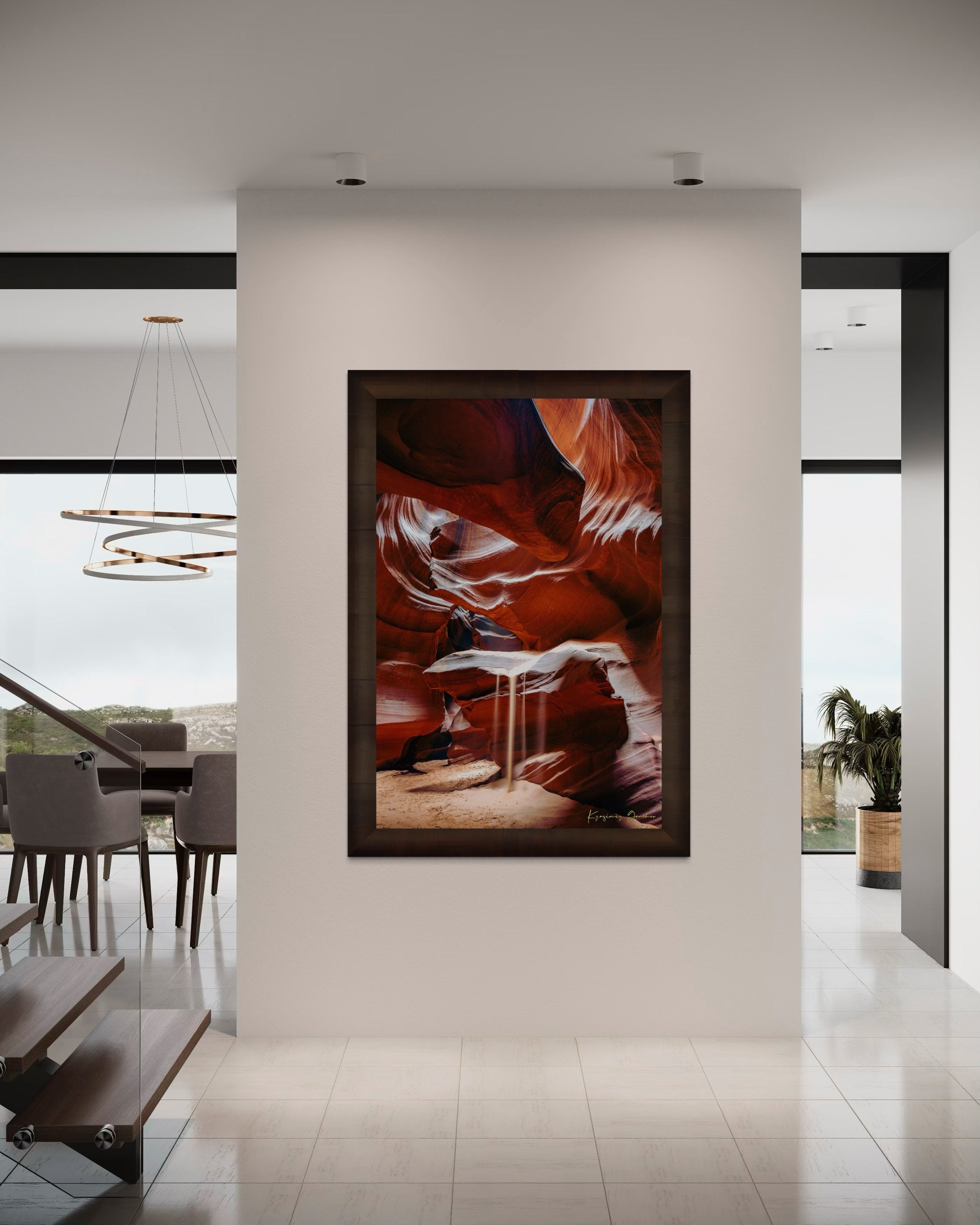 Sunlight streams through cracks above Antelope Canyon. Shafts illuminate the sandstone walls with dynamic patterns and shadows. #Finish_Roma Cigar Leaf Frame