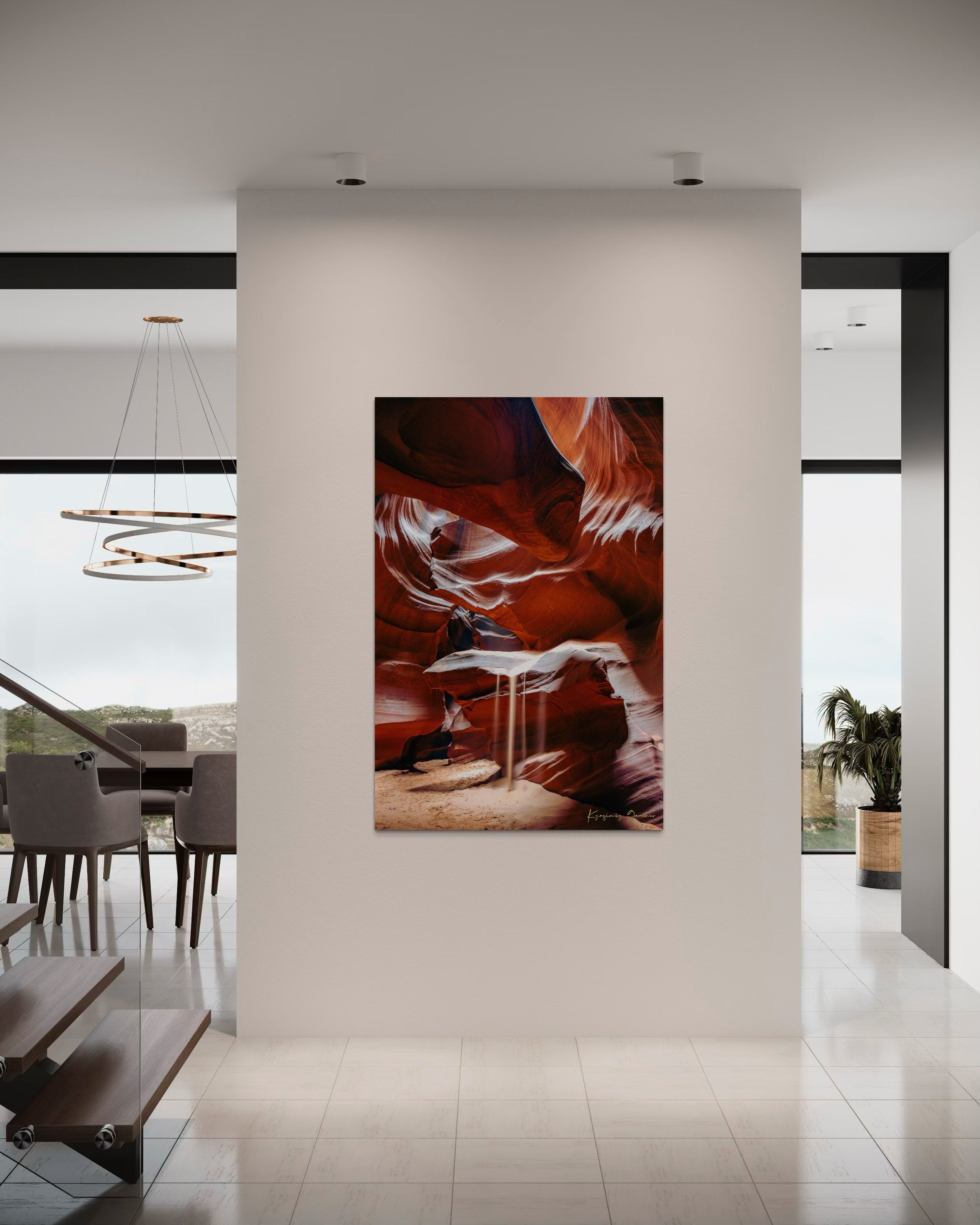 Sunlight streams through cracks above Antelope Canyon. Shafts illuminate the sandstone walls with dynamic patterns and shadows. #Finish_Acrylic Recess