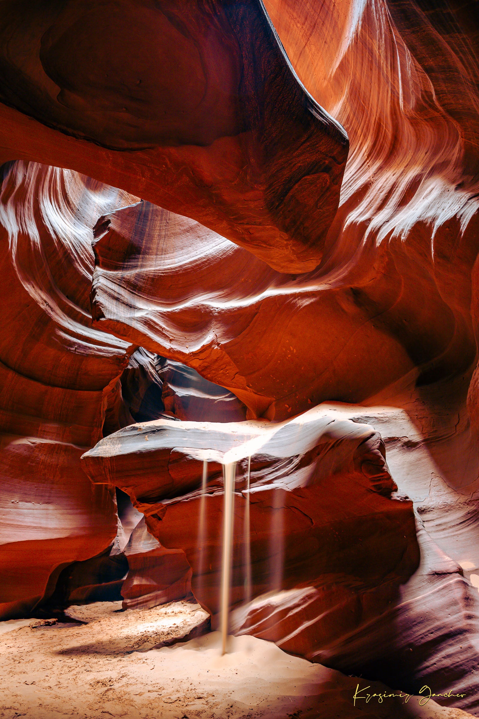 Sunlight streams through cracks above Antelope Canyon. Shafts illuminate the sandstone walls with dynamic patterns and shadows. #Finish_Acrylic Recess