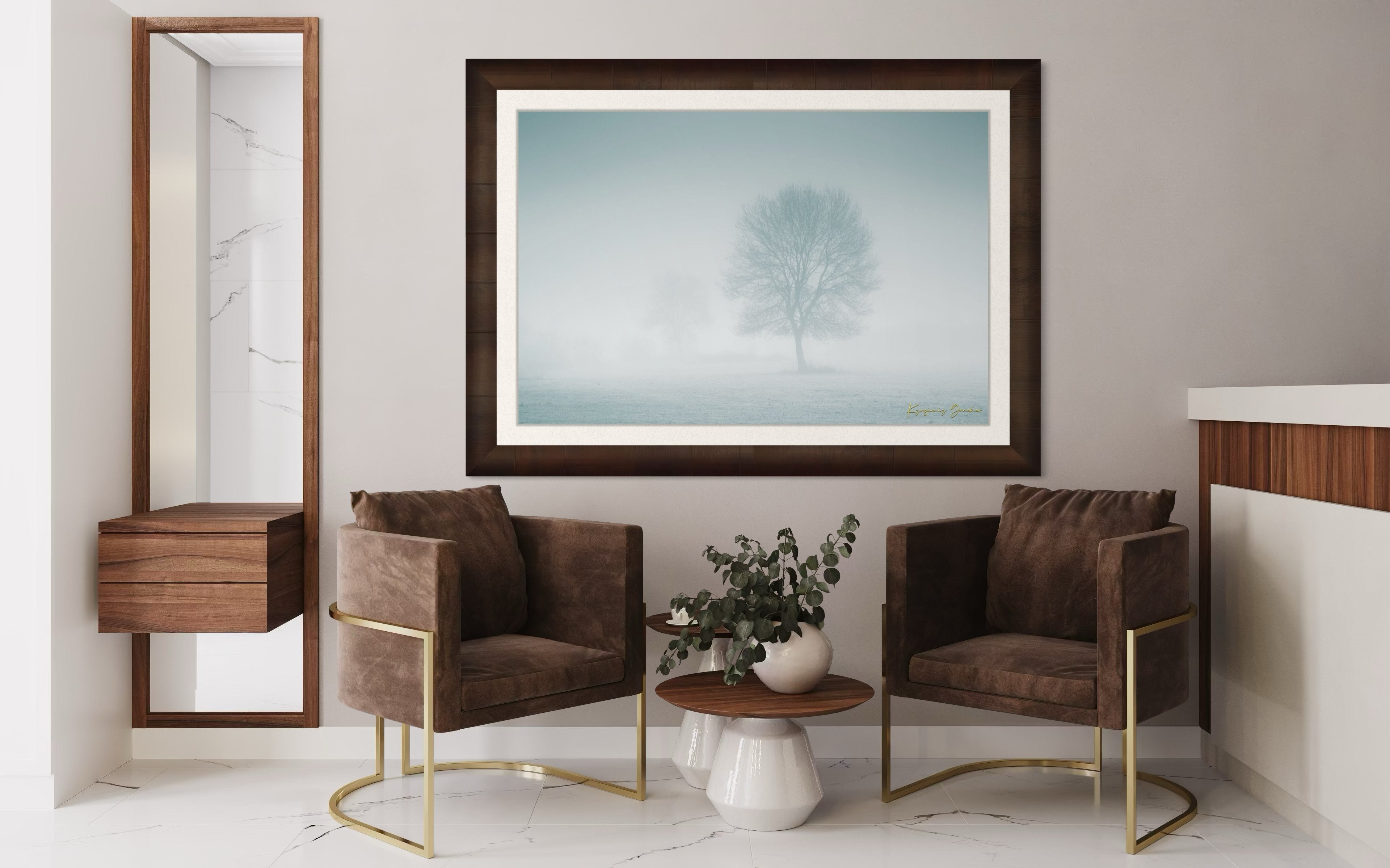 Solitary tree emerging from fog in Begliktash Valley near Primorsko at dawn. #Finish_Roma Cigar Leaf Frame & Bright Liner