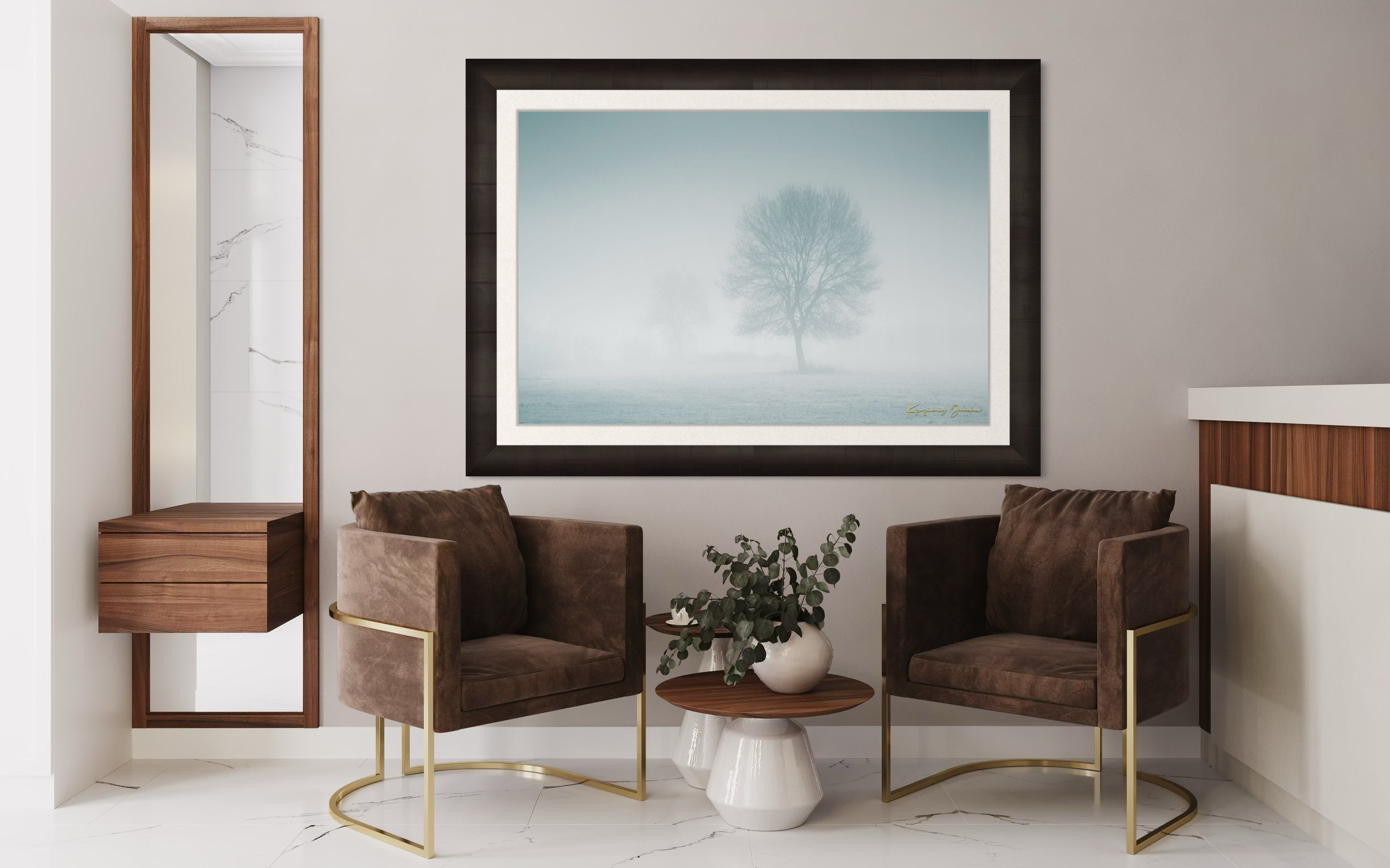 Solitary tree emerging from fog in Begliktash Valley near Primorsko at dawn. #Finish_Roma Dark Ash Frame & Bright Liner