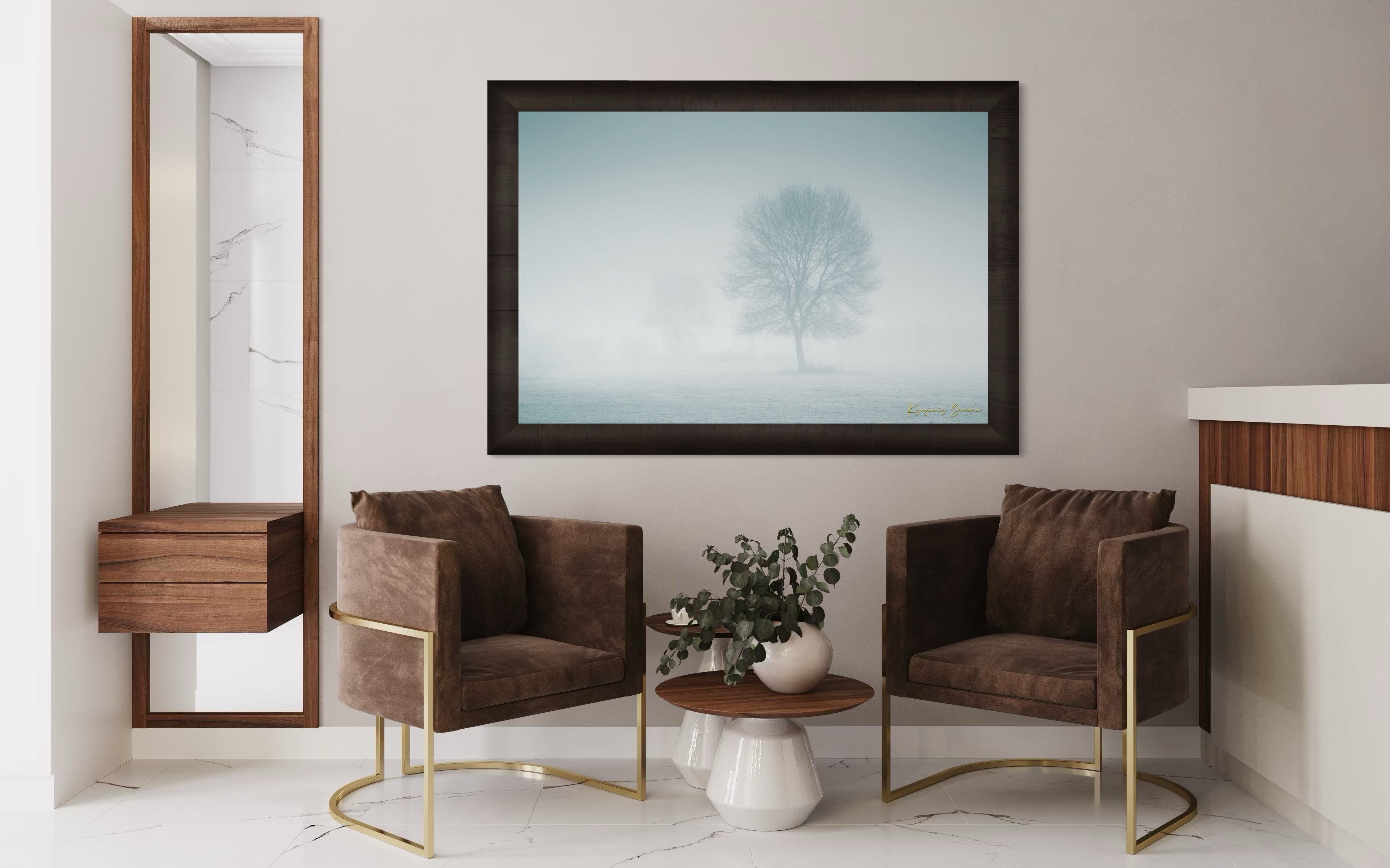 Solitary tree emerging from fog in Begliktash Valley near Primorsko at dawn. #Finish_Roma Dark Ash Frame