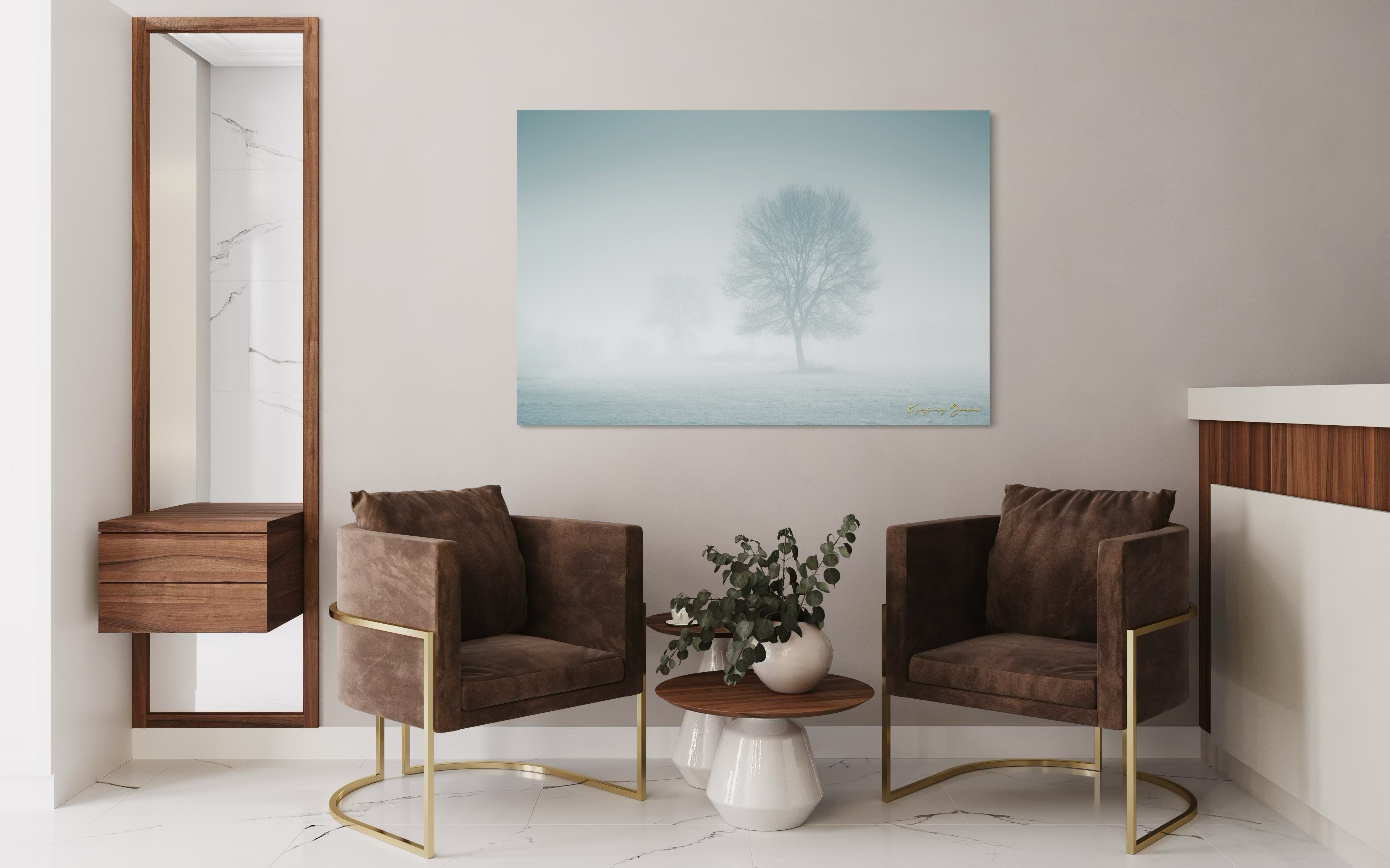 Solitary tree emerging from fog in Begliktash Valley near Primorsko at dawn. #Finish_Acrylic Recess