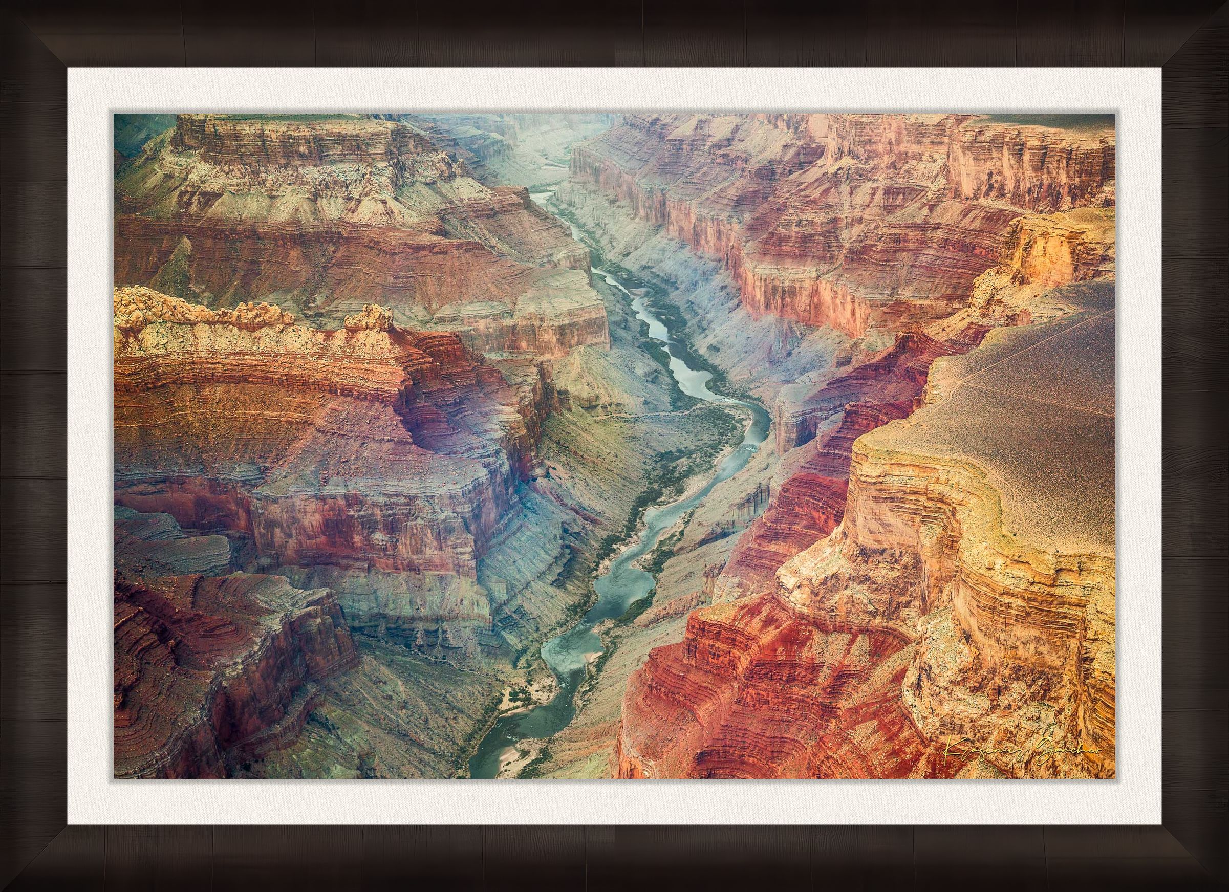Colorful horizontal composition showing mineral-rich strata and river path across the Grand Canyon’s layered landscape. #Finish_Roma Dark Ash Frame & Bright Liner