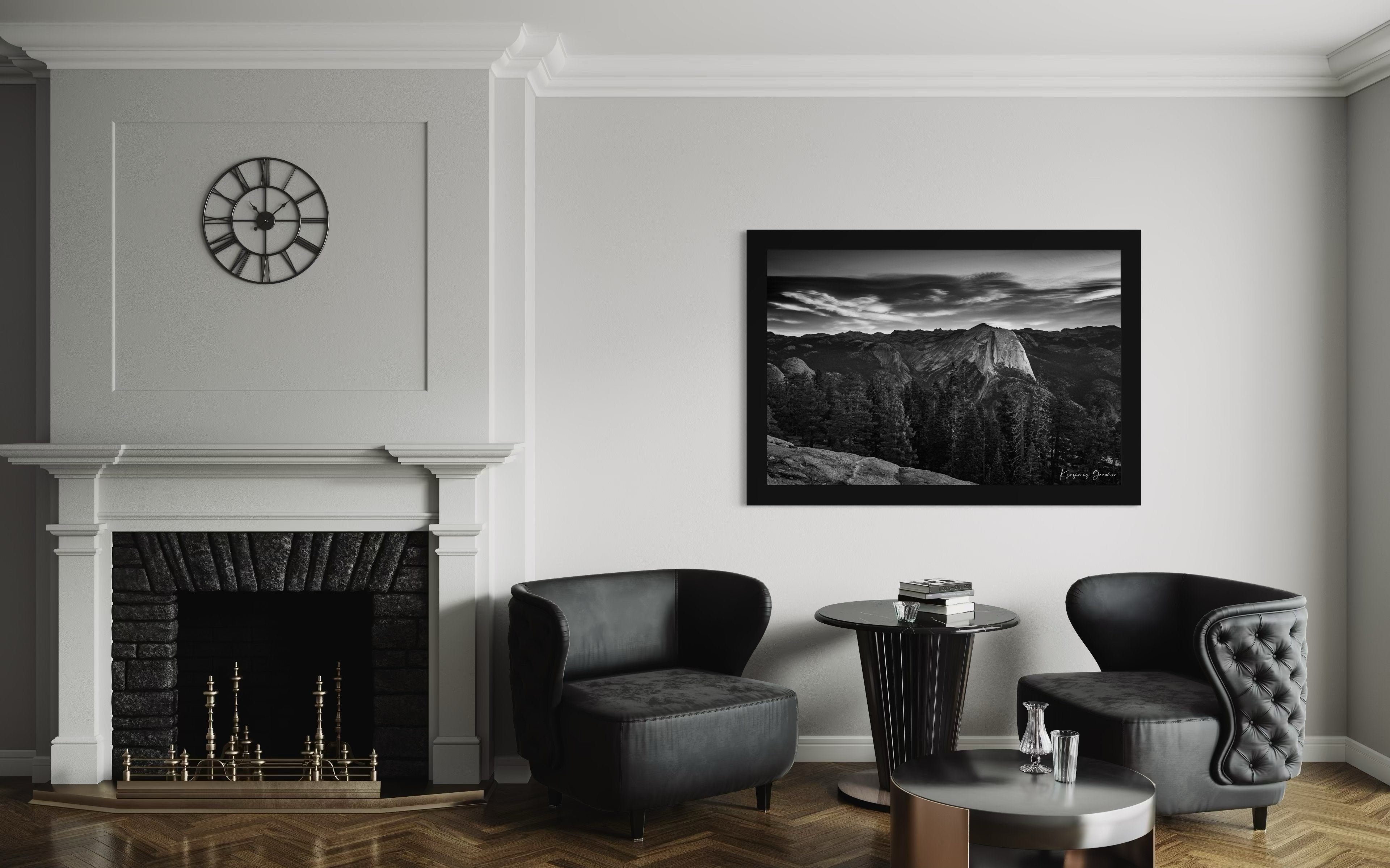 Half Dome monolith during sunrise in Yosemite National Park, dramatic clouds and stark tones. #Finish_Roma Satin Black Frame