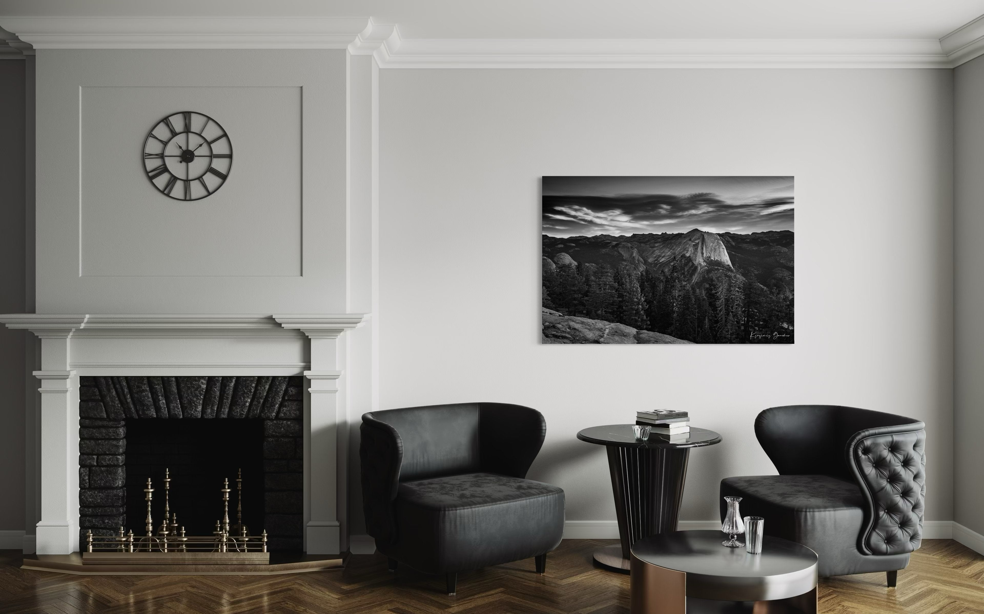 Half Dome monolith during sunrise in Yosemite National Park, dramatic clouds and stark tones. #Finish_Acrylic Recess