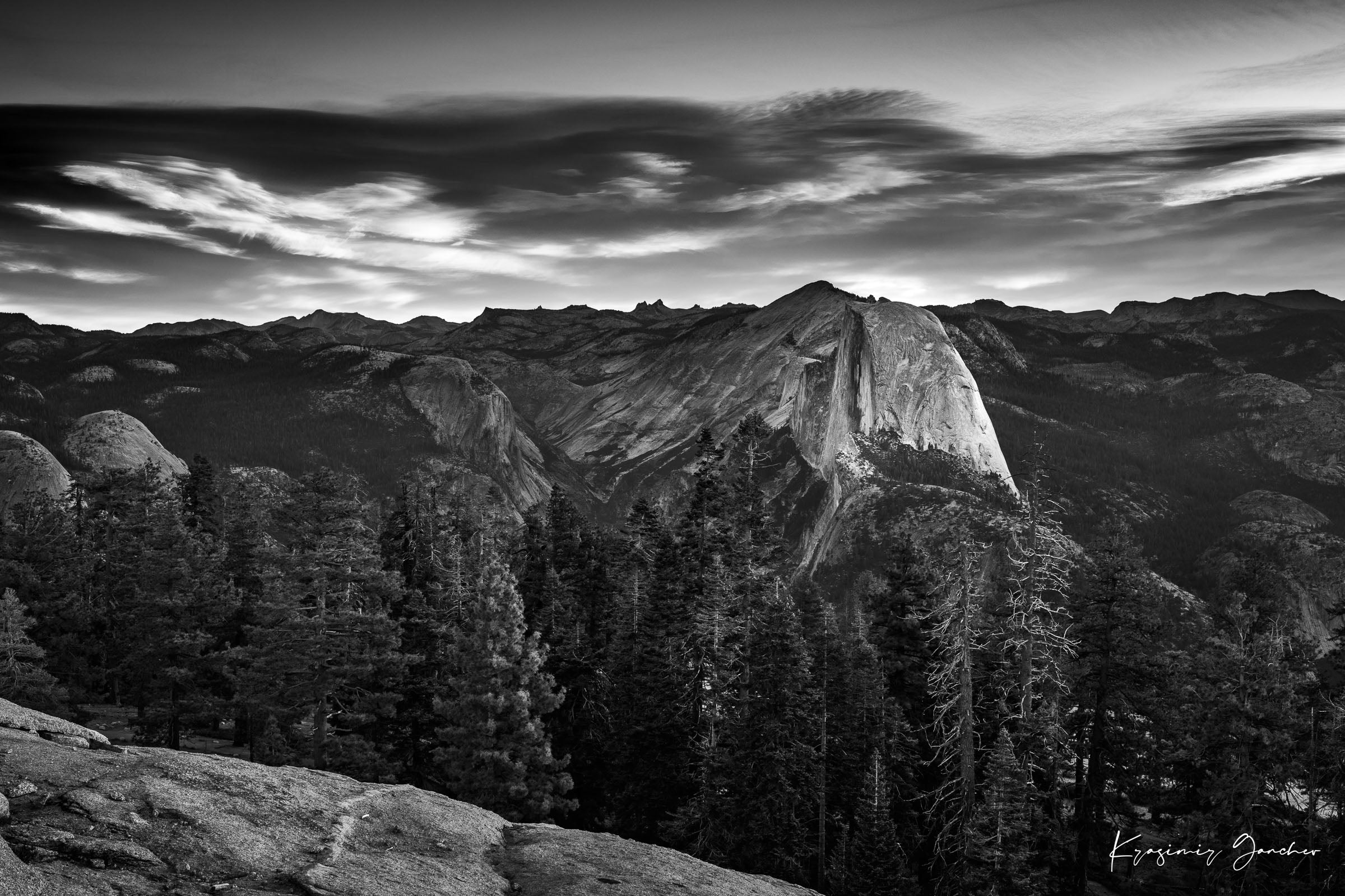 Half Dome monolith during sunrise in Yosemite National Park, dramatic clouds and stark tones. #Finish_Acrylic Recess