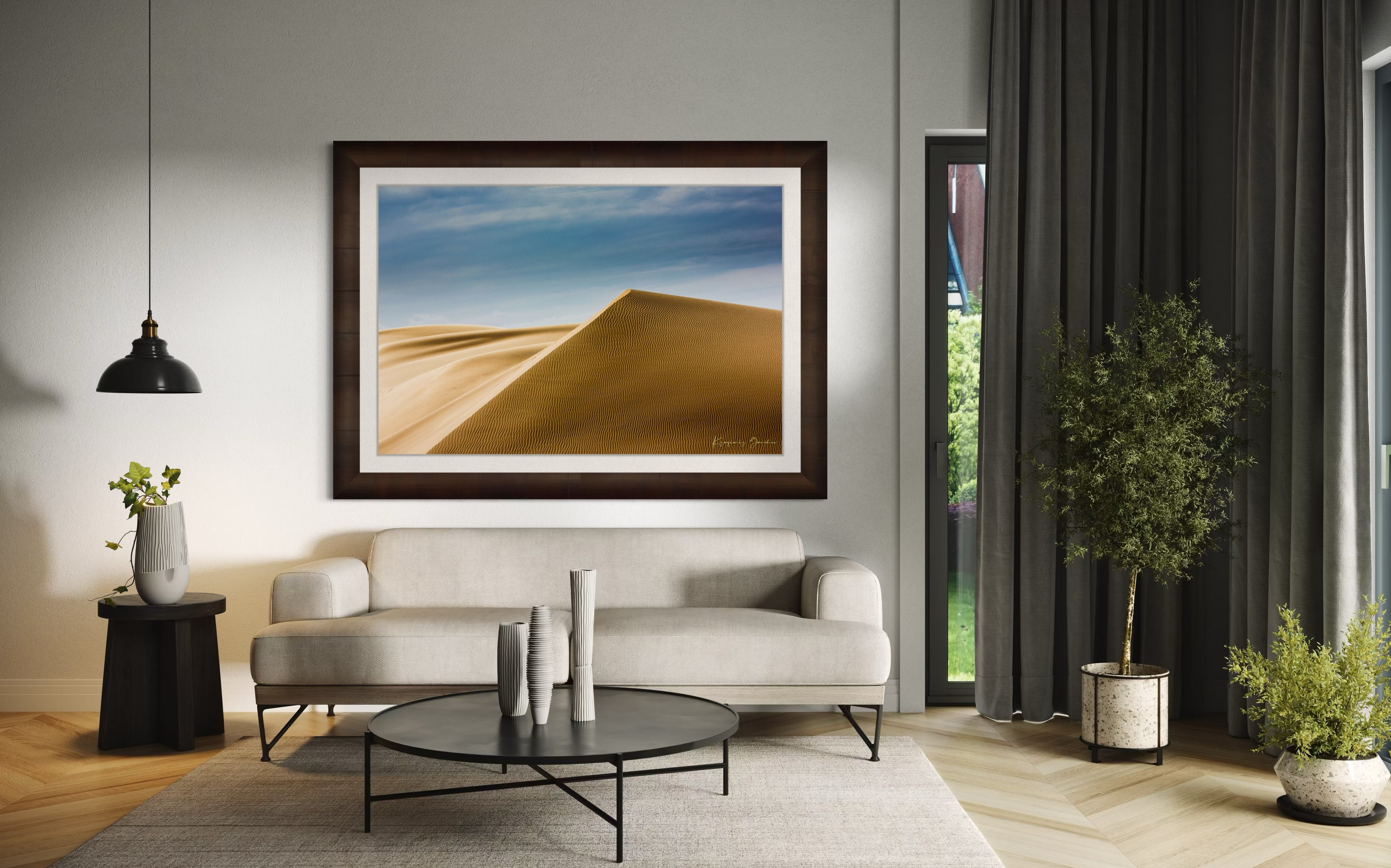 Expansive sand dune terrain at Brawley with subtle textures and color variations from natural sunlight. #Finish_Roma Cigar Leaf Frame & Bright Liner