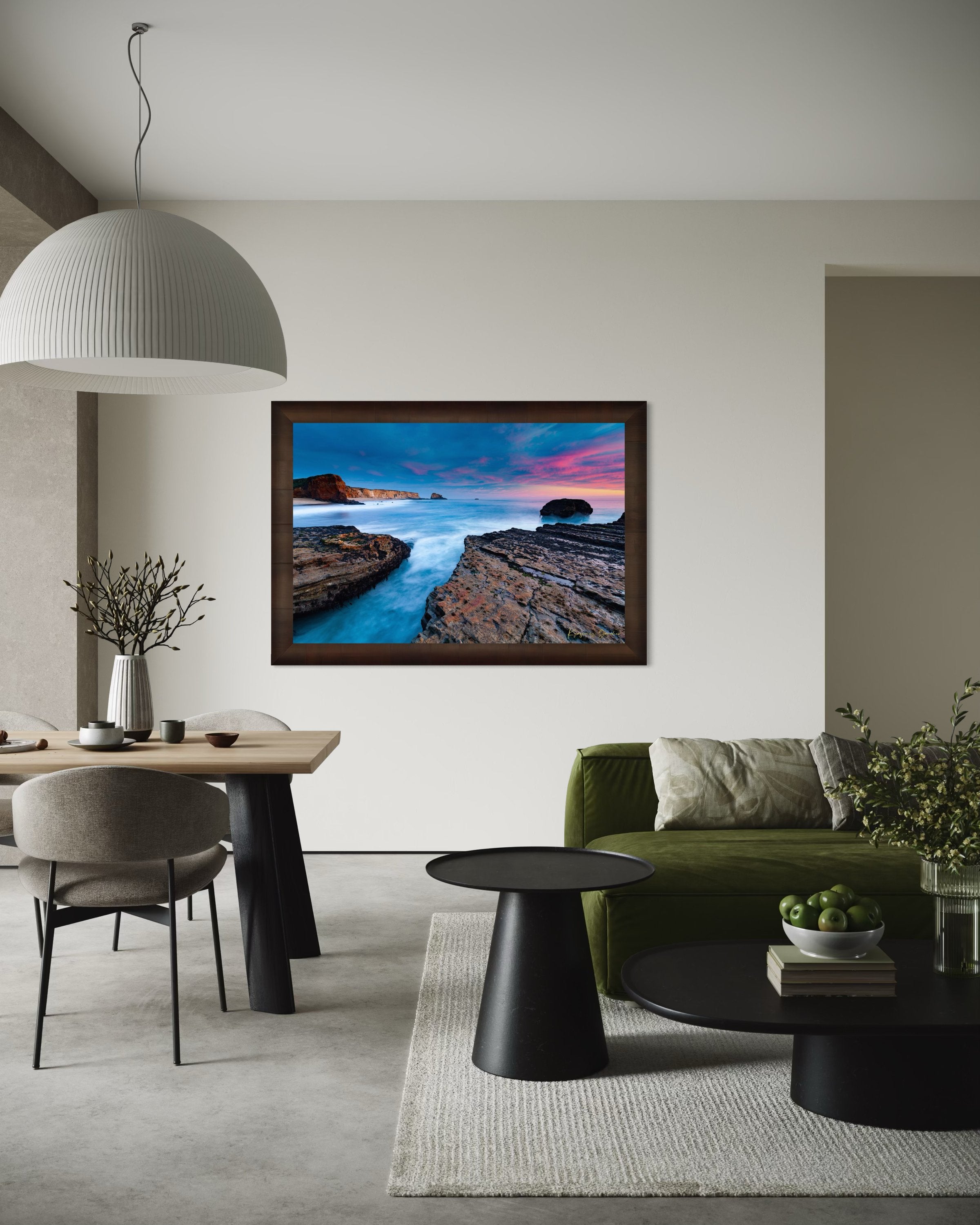 Sunset at Panther Beach, Santa Cruz featuring cliffs and waves beneath colorful clouds. #Finish_Roma Cigar Leaf Frame