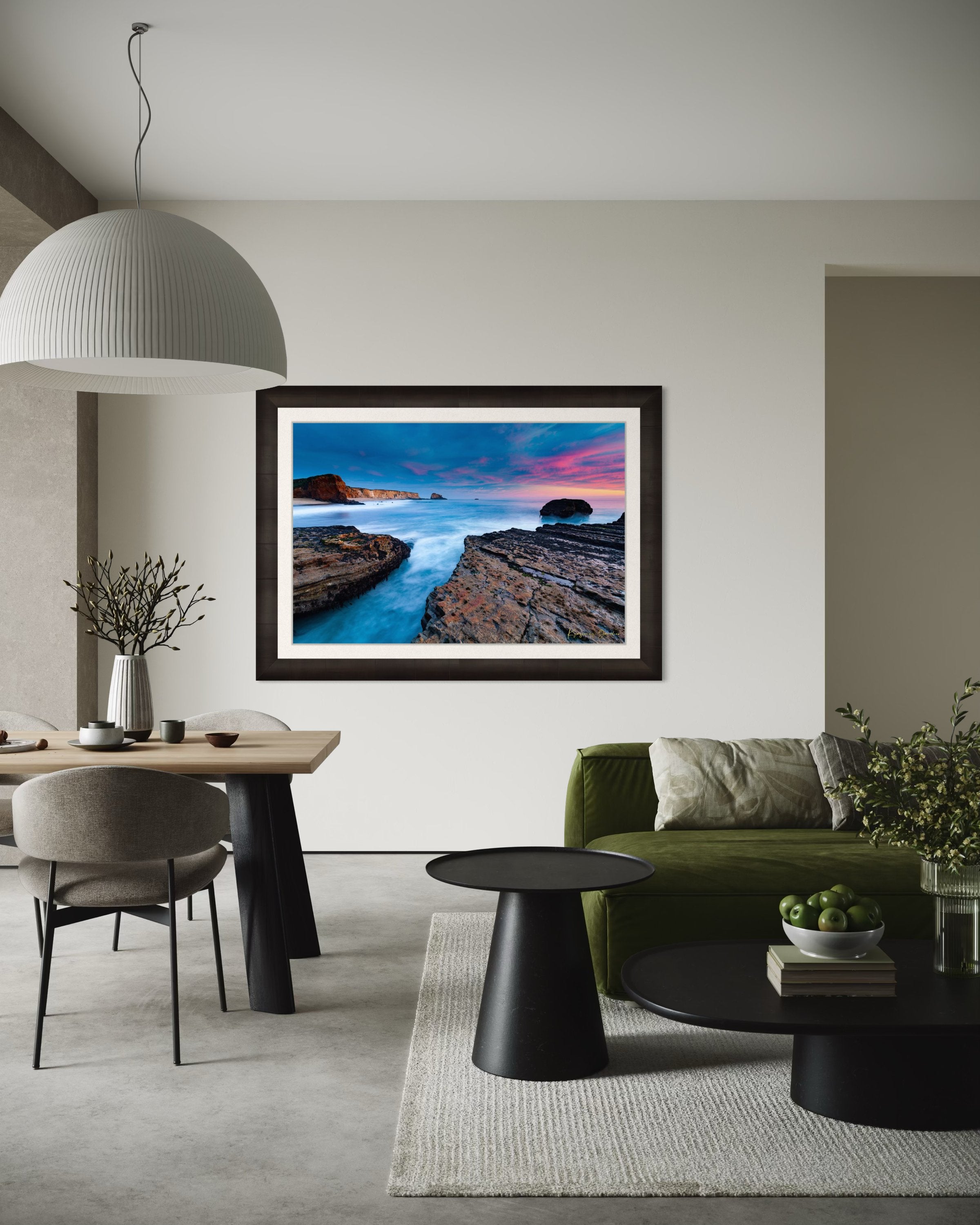 Sunset at Panther Beach, Santa Cruz featuring cliffs and waves beneath colorful clouds. #Finish_Roma Dark Ash Frame & Bright Liner