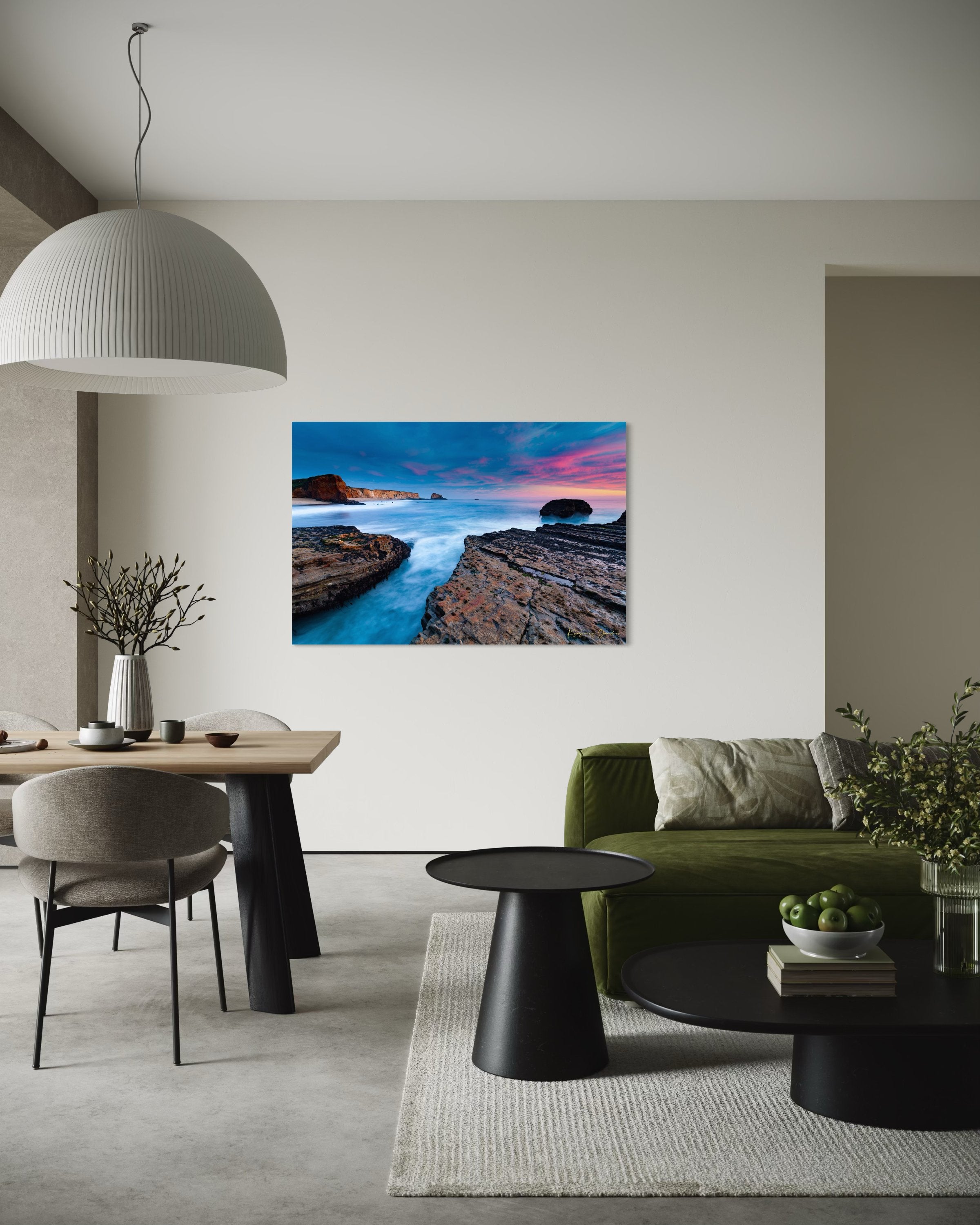 Sunset at Panther Beach, Santa Cruz featuring cliffs and waves beneath colorful clouds. #Finish_Acrylic Recess