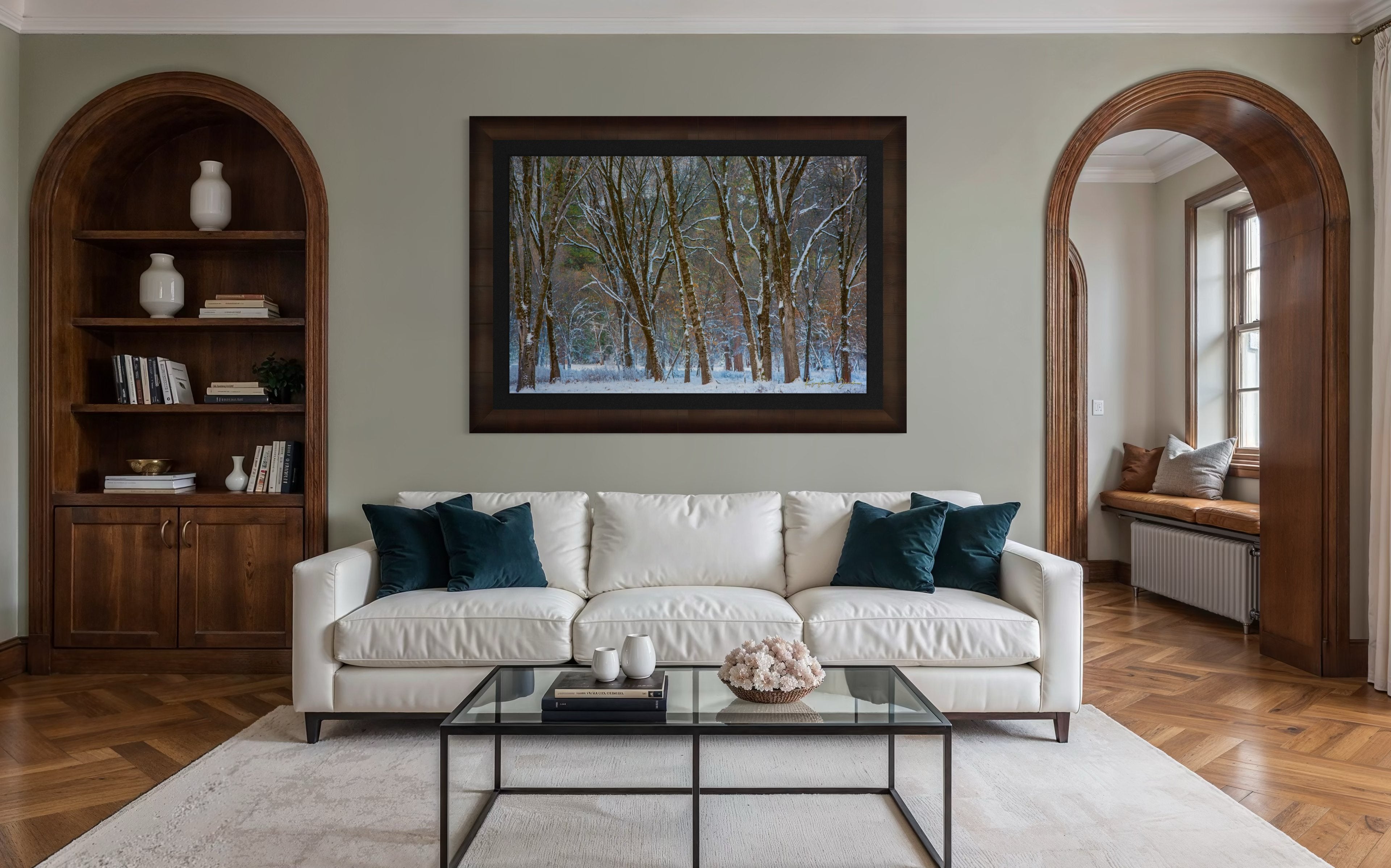 Snow-laden pine trees in Yosemite Valley bathed in soft daylight with fresh powder coating each branch and needle. #Finish_Roma Cigar Leaf Frame & Dark Liner