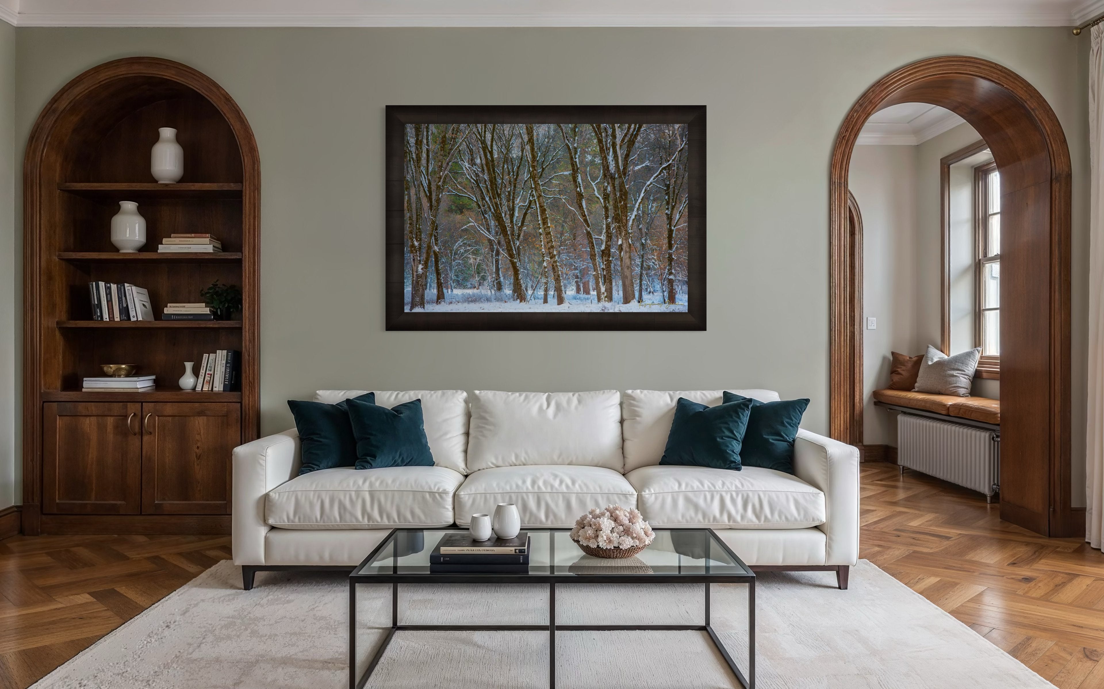 Snow-laden pine trees in Yosemite Valley bathed in soft daylight with fresh powder coating each branch and needle. #Finish_Roma Dark Ash Frame