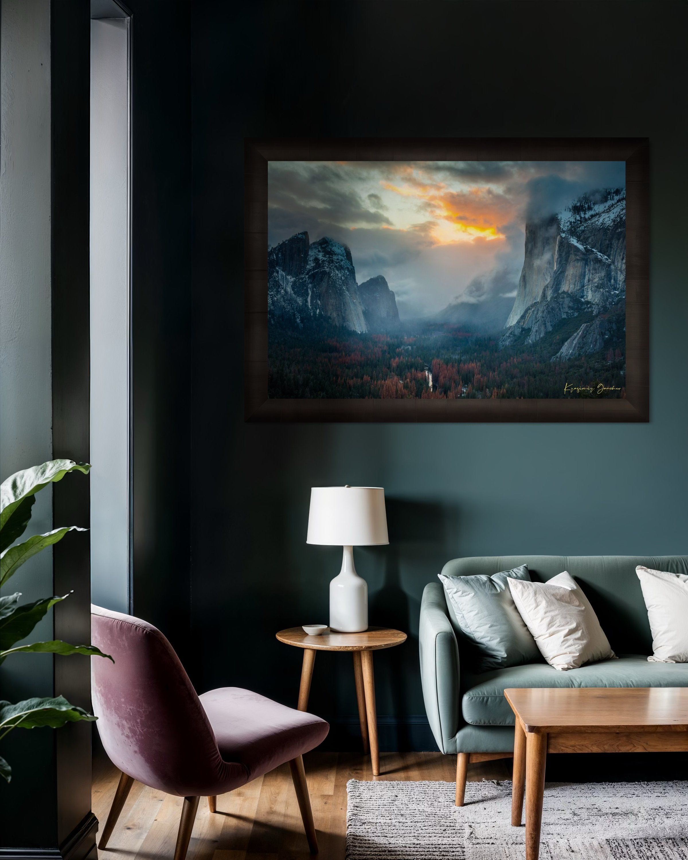 Yosemite Valley viewed from reverse tunnel view with dramatic El Capitan granite face and Merced River flowing through the valley. #Finish_Roma Dark Ash Frame