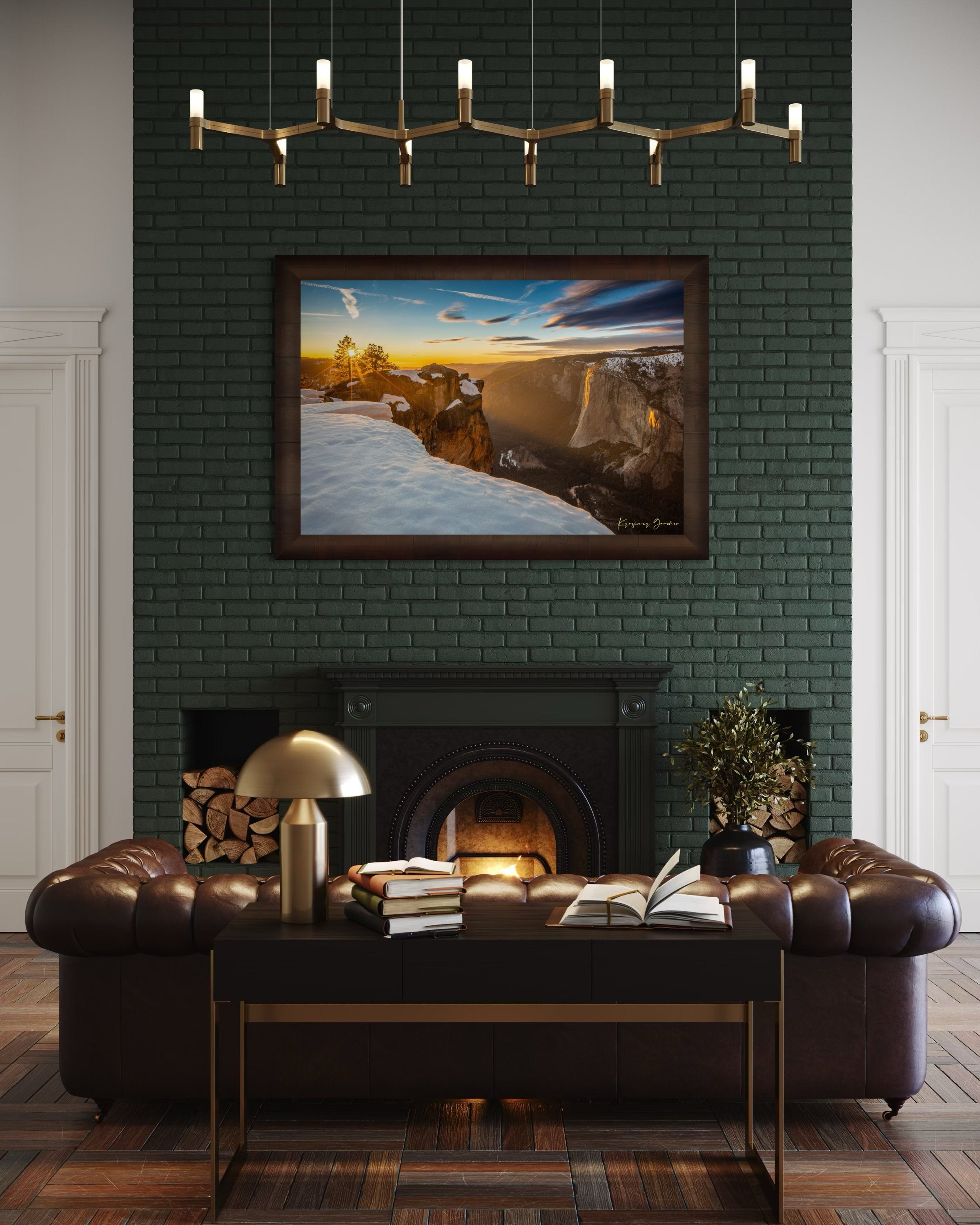 Alpine summit of El Capitan in Yosemite National Park at dawn, golden light through rock fissures over a snowfield. #Finish_Roma Cigar Leaf Frame