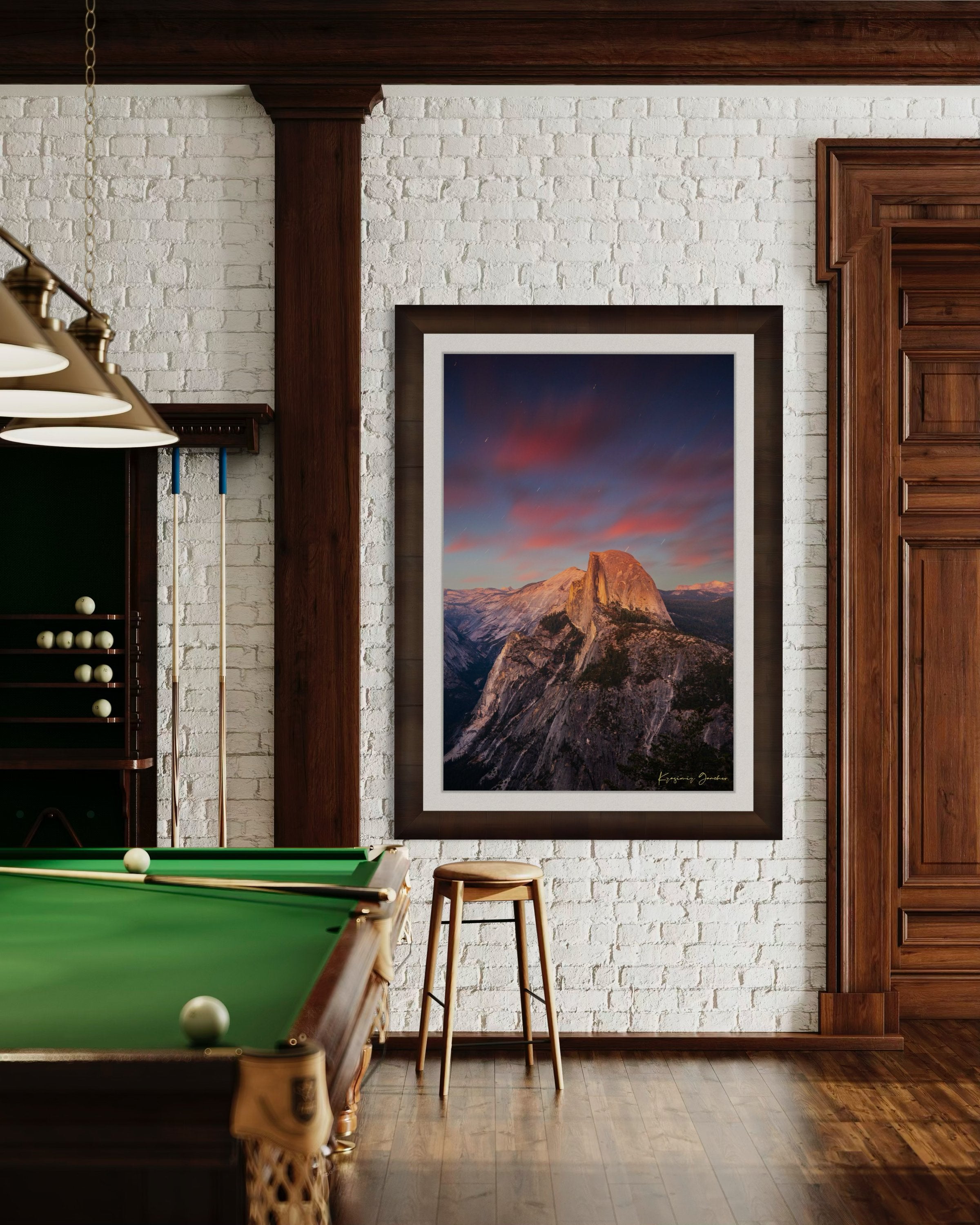 Granite monolith of Half Dome illuminated by dusk and stars, set against a sky filled with star trails above Yosemite National Park. #Finish_Roma Cigar Leaf Frame & Bright Liner