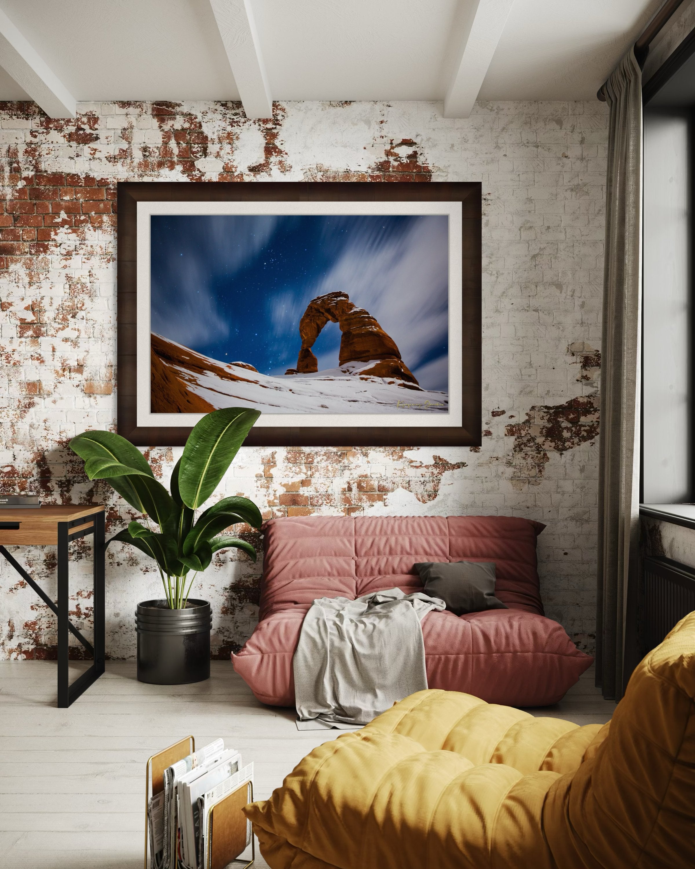 Iconic arch formation in Arches National Park captured during nighttime with starlight and light snow enhancing the serene desert scene. #Finish_Roma Cigar Leaf Frame & Bright Liner