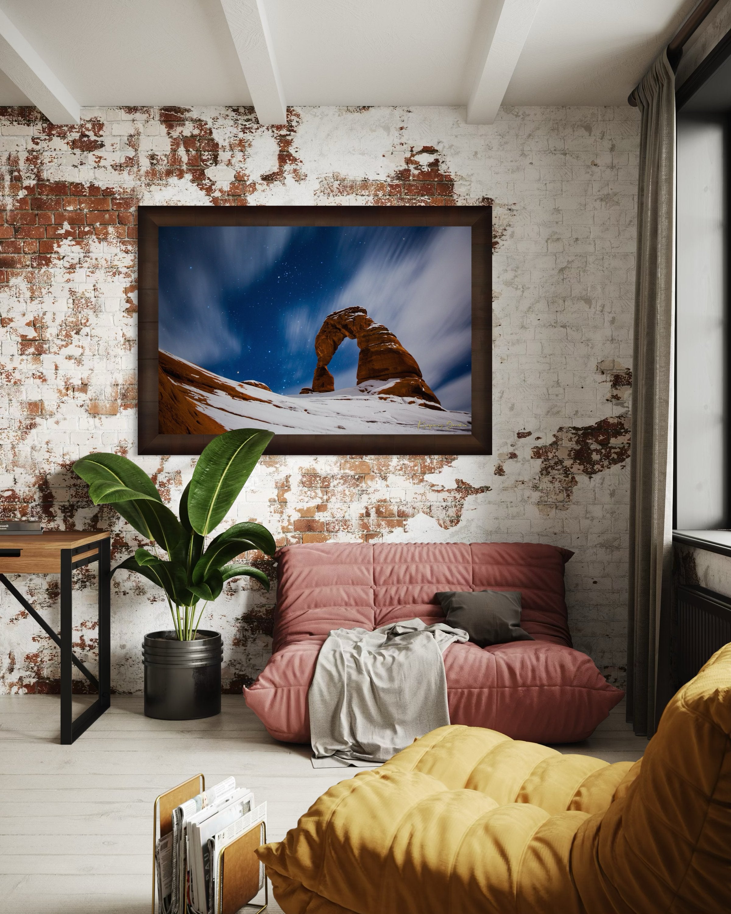 Iconic arch formation in Arches National Park captured during nighttime with starlight and light snow enhancing the serene desert scene. #Finish_Roma Cigar Leaf Frame